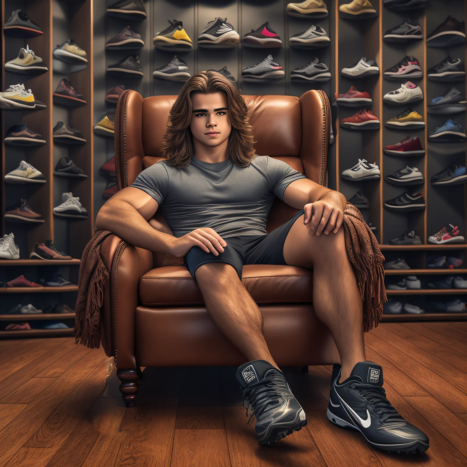 "Wooden chair leg on a matching wood floor."