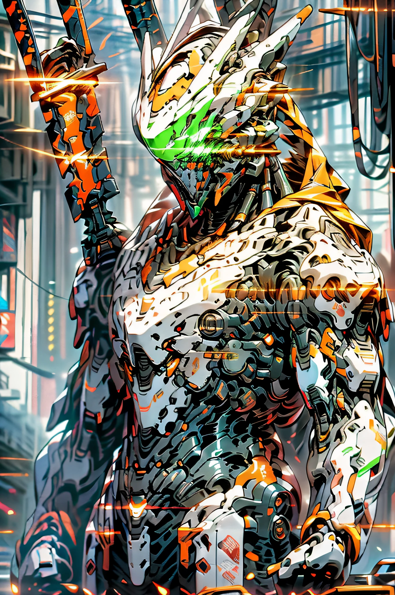 On the moon, barren planet, ruins, holding weapons, no humans, glowing, robot, building, glowing eyes, orange mech, science fiction, city, reality, mecha, galaxy background, full body, neon, cyber Punk, 8K wallpapers, ultra-detailed artwork, cinematic lighting, realistic photos, Dark_Fantasy, Cyberpunk, (chain saw, chain saw man, Red: 1.1), 1man, Mechanical marvel, Robotic presence, Cybernetic guardian, wearing a worn-out machine armor suit, intricate, (steel metal [rust]), elegant, sharp focus, photographed by greg rutkowski, soft lighting, vibrant colors, masterpiece, ((street)), cowboy shot, dynamic pose,