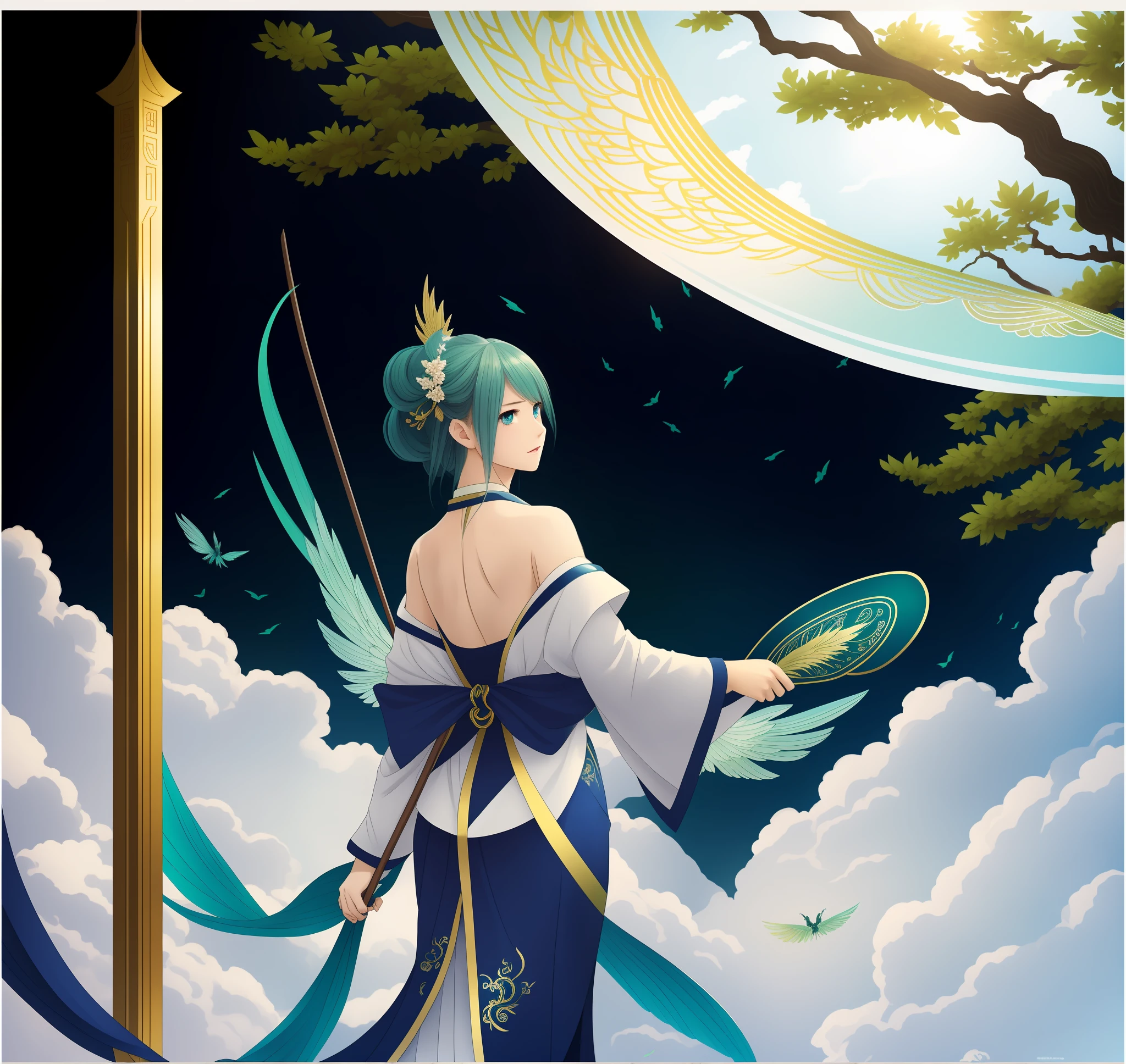 Blue Eyes, Long Hair, Hanfu, Single, Two-dimensional, Costume, Wings, Green, Blue, Gradient Hair, Coiled Bun, Wings, Green and Blue, Bare Shoulders, Bare Back, Rich Lady, Girl, Ancient Scene, Delicate, HD, Wings with Blue-green Gradient Wings on Arms, Blue-green Gradient Feathers on Ears