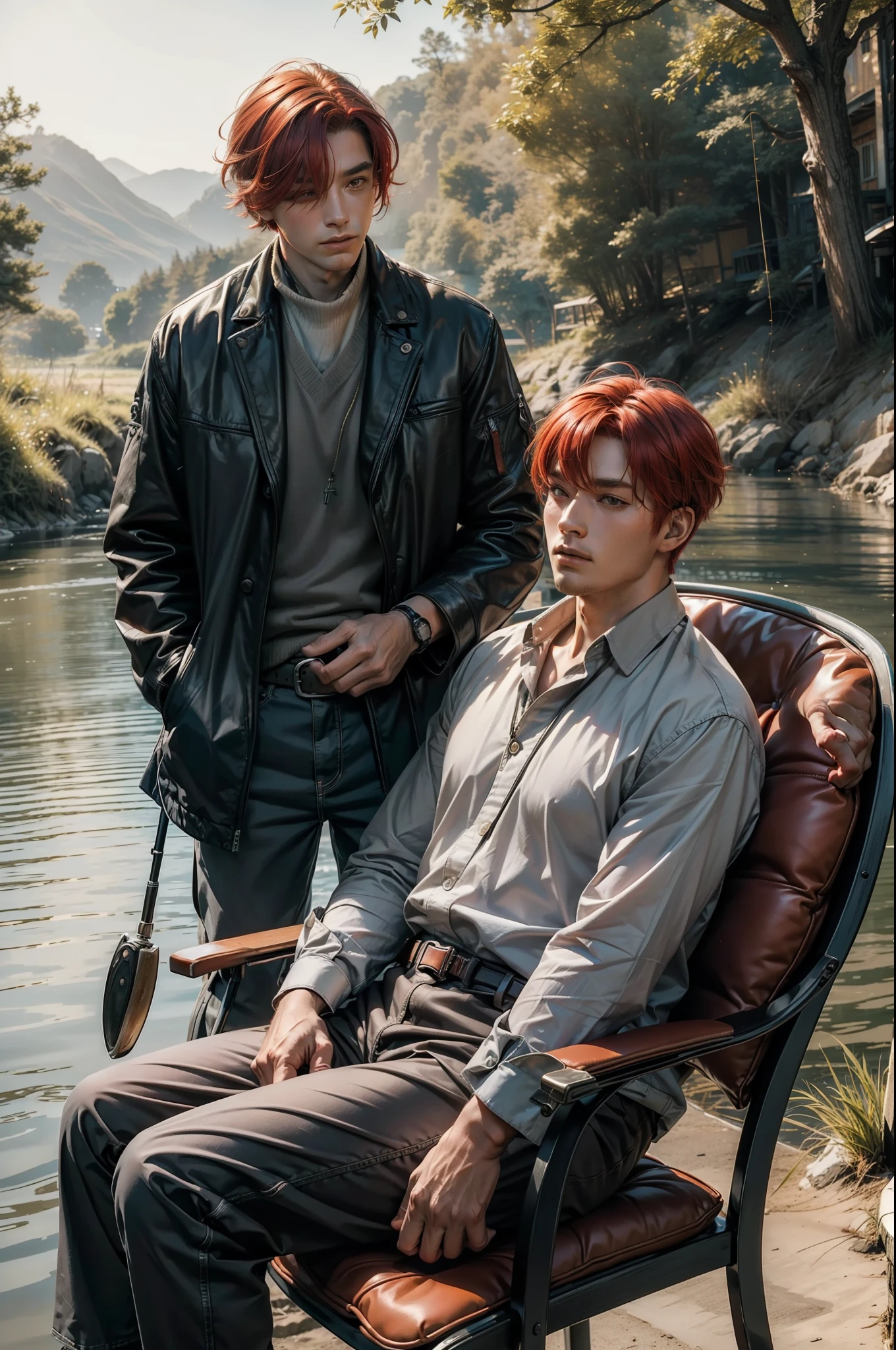 (ultra realistic, masterpiece) Two men ((sitting on chairs)), in front of a river ((fishing)), one older man and one younger, the older one has ((gray hair)), the younger one ((red hair)) , warm light, (warm colors1.3), male, (masculine)