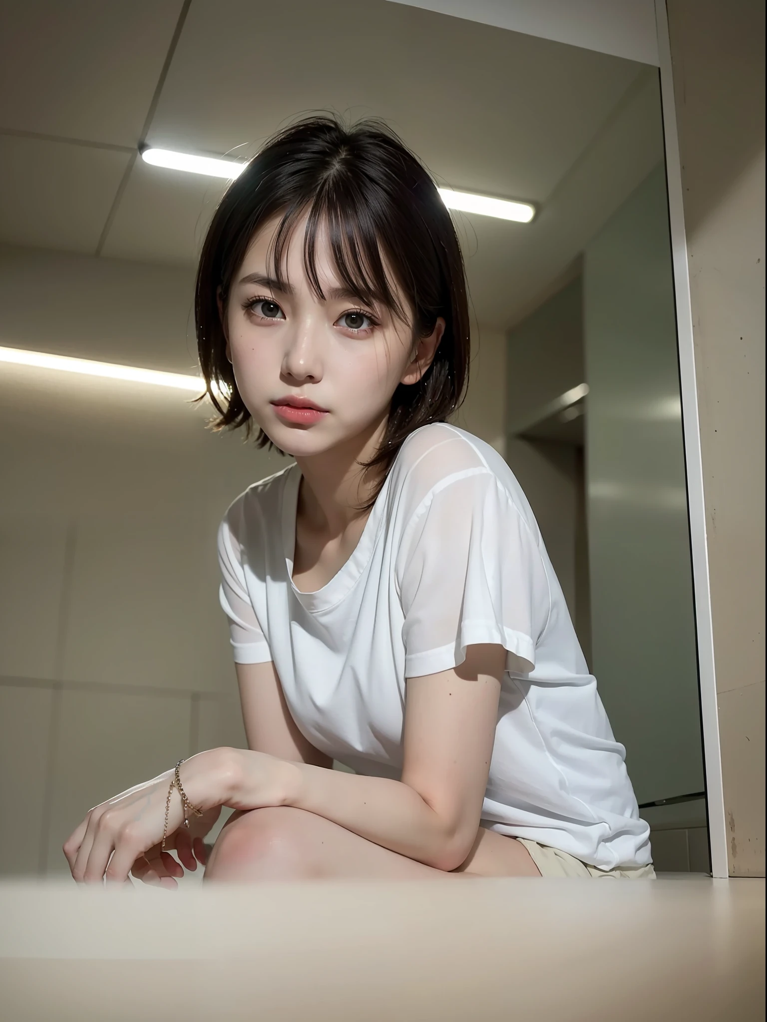 ((top quality, 8k, masterpiece: 1.3, raw photo)), Sharp Focus: 1.2, (1 aespa girl: 1.2), (Realistic, Photorealistic: 1.37), (face focus: 1.1), cute face, small breasts, flat chest, short messy hair, (wet white shirt: 1.1), wet body, sitting bathroom, from below, sunlight, movie lighting, ultra detailed face,