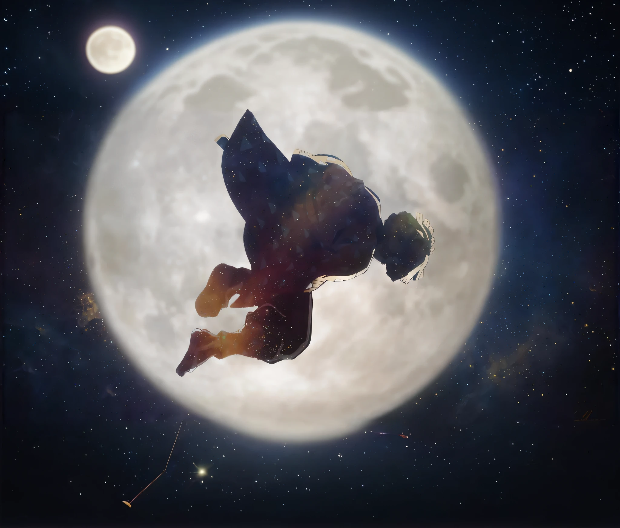 there is a man that is flying a kite in the sky,The background is the full moon, the moon cast on the man, it is flying through space, on moon, travis scott flying over earth, moonwalker photo, to the moon, floating in a cosmic nebula, quality astral projection render, Floating in outer space, Makoto Shinkai. rendering by octane