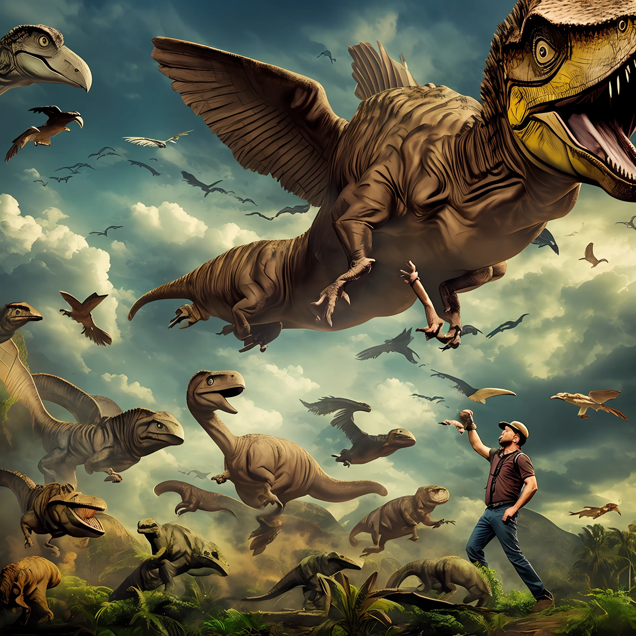 "Man with fearful expression facing flying Jurassic bird"