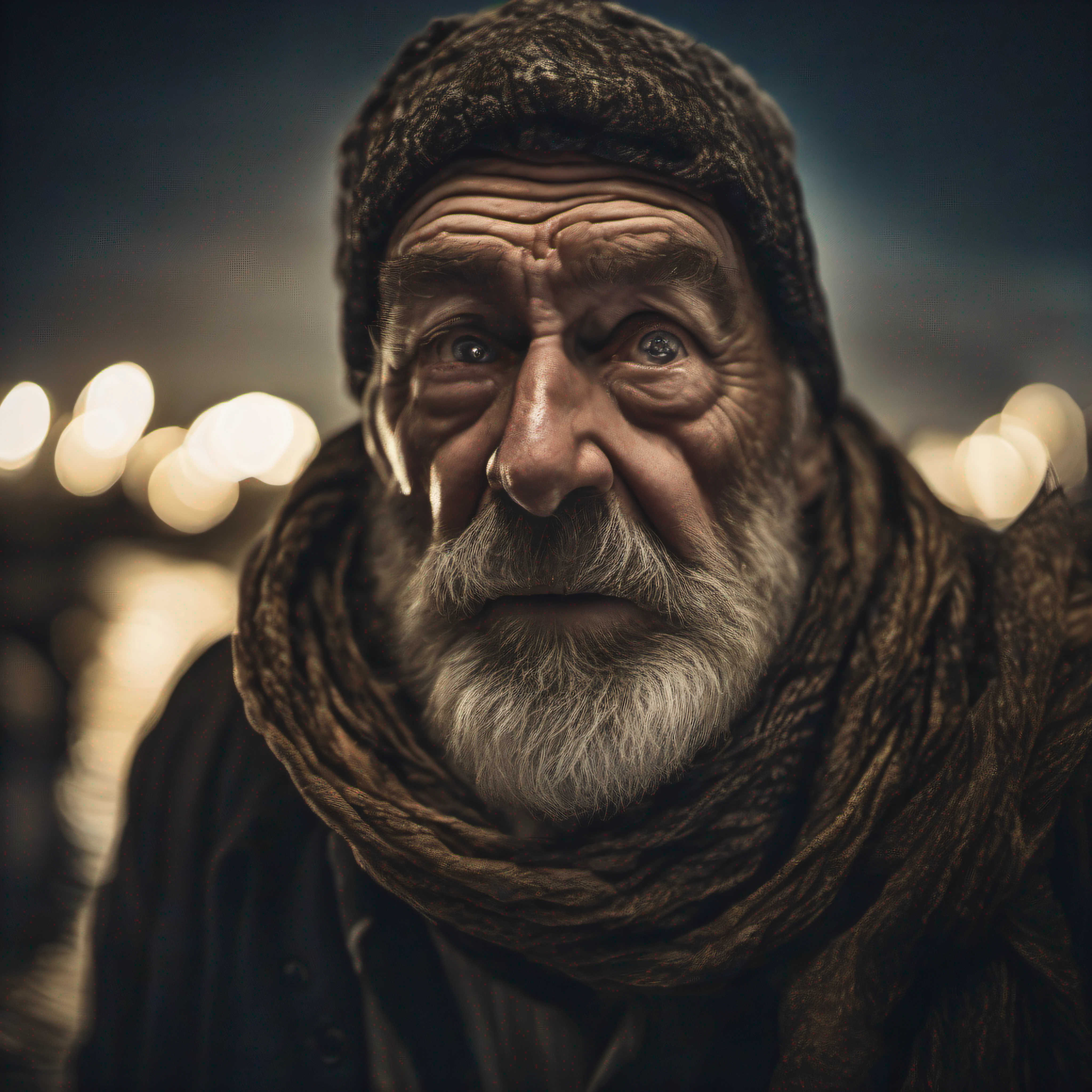 award winning upper body portrait photo of a man an old screaming sailor, wearing scarf, eyes looking upwards, (bokeh:0.7), sidelit, (wrinkled face in detail:0.7), telephoto, moonlit, torchlit, gritty atmosphere, oceanic night exterior, realistic, intricate details, true aged skin texture
