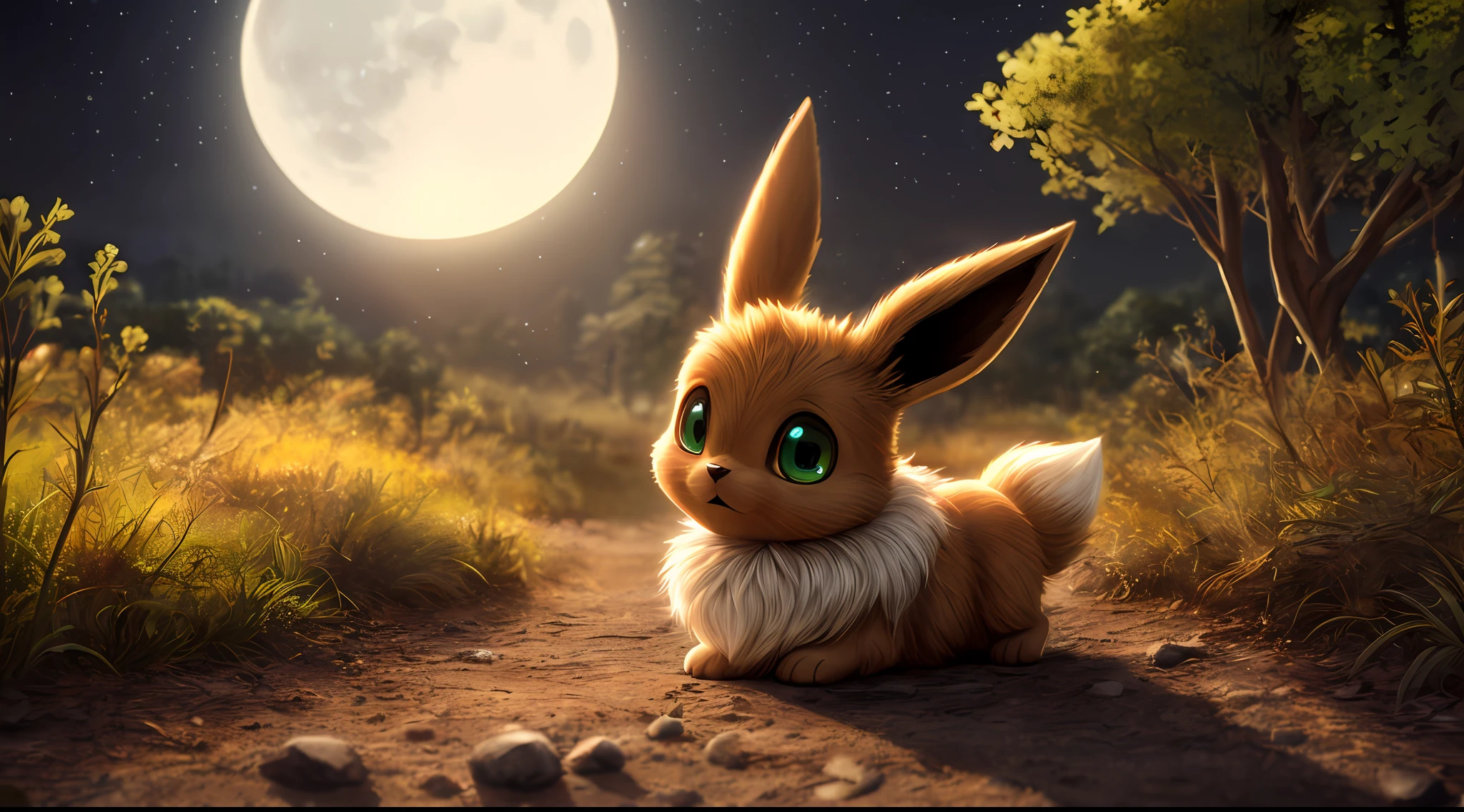 The little bunny is a child who likes to ask why,She always had a lot of big questions in her little head。。。,Like what,Why do carrots grow in the ground and not on trees?Why is the moon in the water after being scooped up,It becomes a small moon?Why do the stars in the sky always blink, Solo ((feral eevee)) with ((brown body)) and (white neck tuft) and ((Fluffy tail)) and ((clear green eyes)), (detailed feral brown fox eevee), (Detailed lighting), (detailed brown fox fur), Break, (Cinematic lighting), ((Detailed background)), ((Depth of field)), (half body shadow), ((Sunlight)), Break, ((Intricate, High detail, Film photography, Sharp focus, RAW candid cinema, Realistic, Photorealistic, analogue style, Subsurface scattering, Masterpiece, Best quality, Ultra photo realsisim, 8K)),