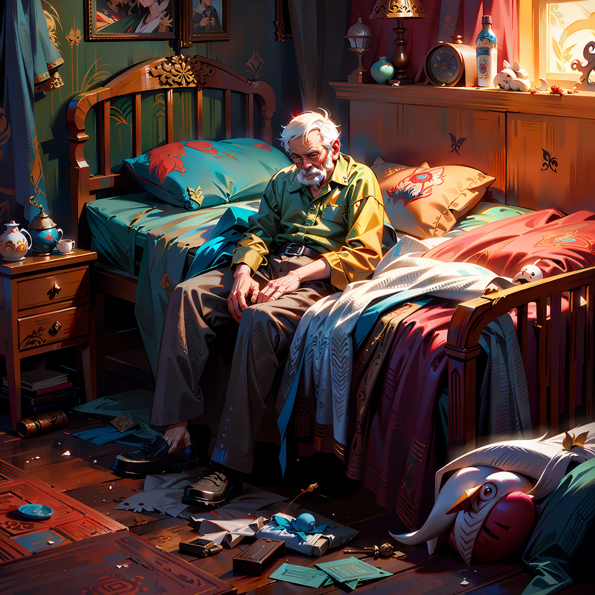 pintura de um homem velho sentado em uma cama em um quarto, Cyril Rolando e M.w kaluta |, Cyril Rolando e M. w kaluta |, Directed by: Ludwik Konarzewski, Directed by: Ludwik Konarzewski Jr, 3d render senior artist, Directed by: Ni Yuanlu, Alexey Egorov