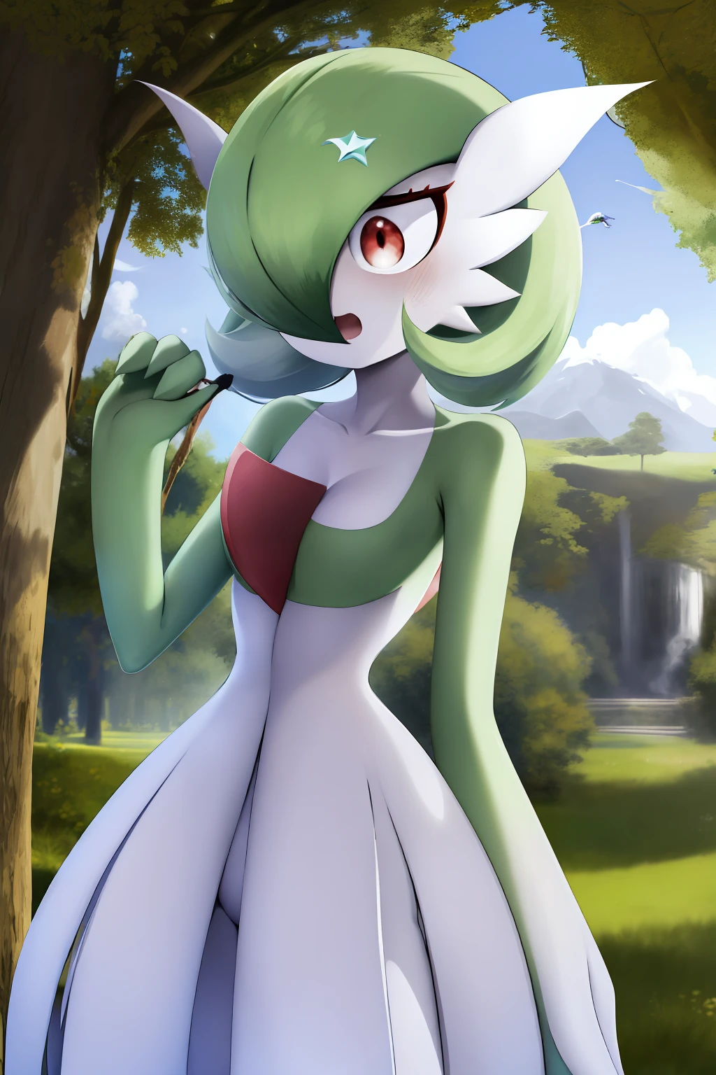 Meisterwerk, bester_Quality, 1girls, nur, Bewachen, whitedress, Creatures \(Firma\), Spiel-Freak, Nintendo, Pokemon, Pokemon \(Spiel\), Pony, farbige Haut, Weiblicher Fokus, flache Brust, Pokémon of the 3. Generation, green hair, green skin, hair above one eye, Mehrfarbige Haut, Pokemon \(creature\), Rote Augen, kurzes Haar, zweifarbige Haut, white skin, al fresco