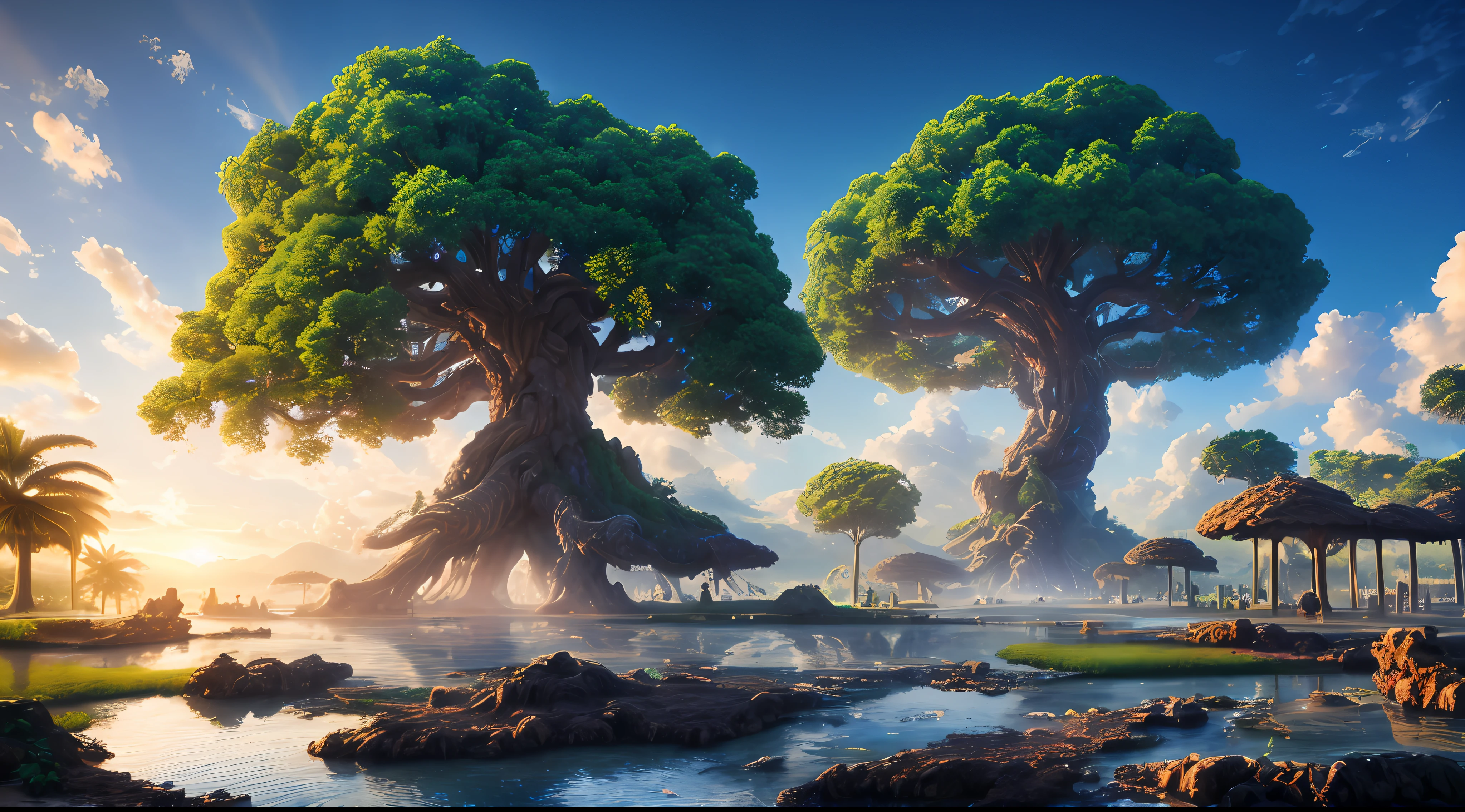 masterpiece, best quality, high quality, extremely detailed CG unity 8k wallpaper, a hyperrealistic colossal cyan raintree, in a futuristic prehistoric village, splashing water, sandy debris, lens flares, sunshaft, fluffy clouds, Hyperdetailed, HDR, bloom, Photorealistic, hyperdetailed