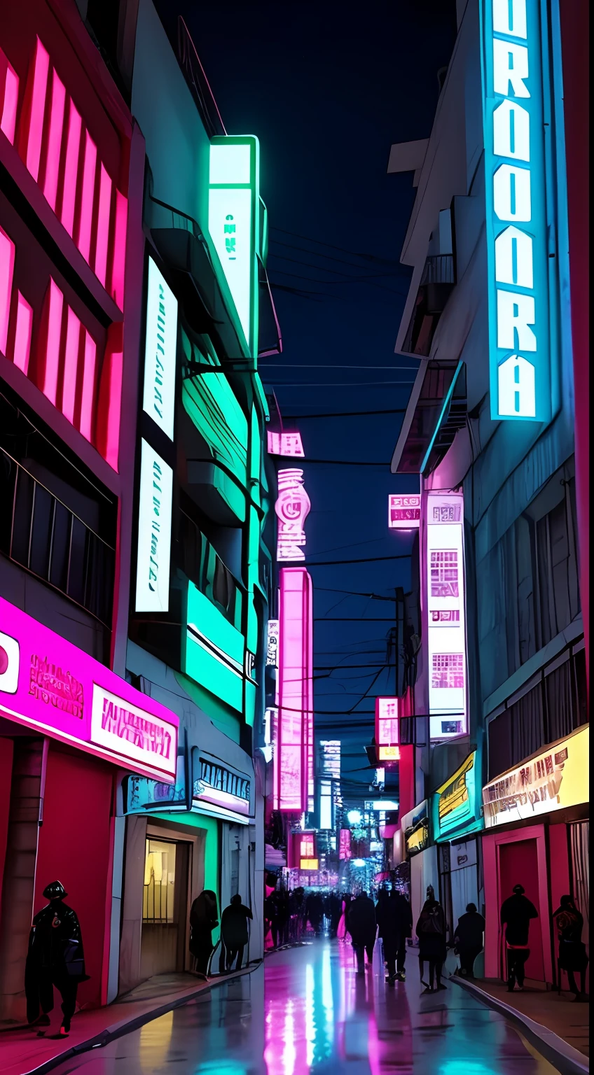 centro da cidade futurista cyberpunk com muitas pessoas neon