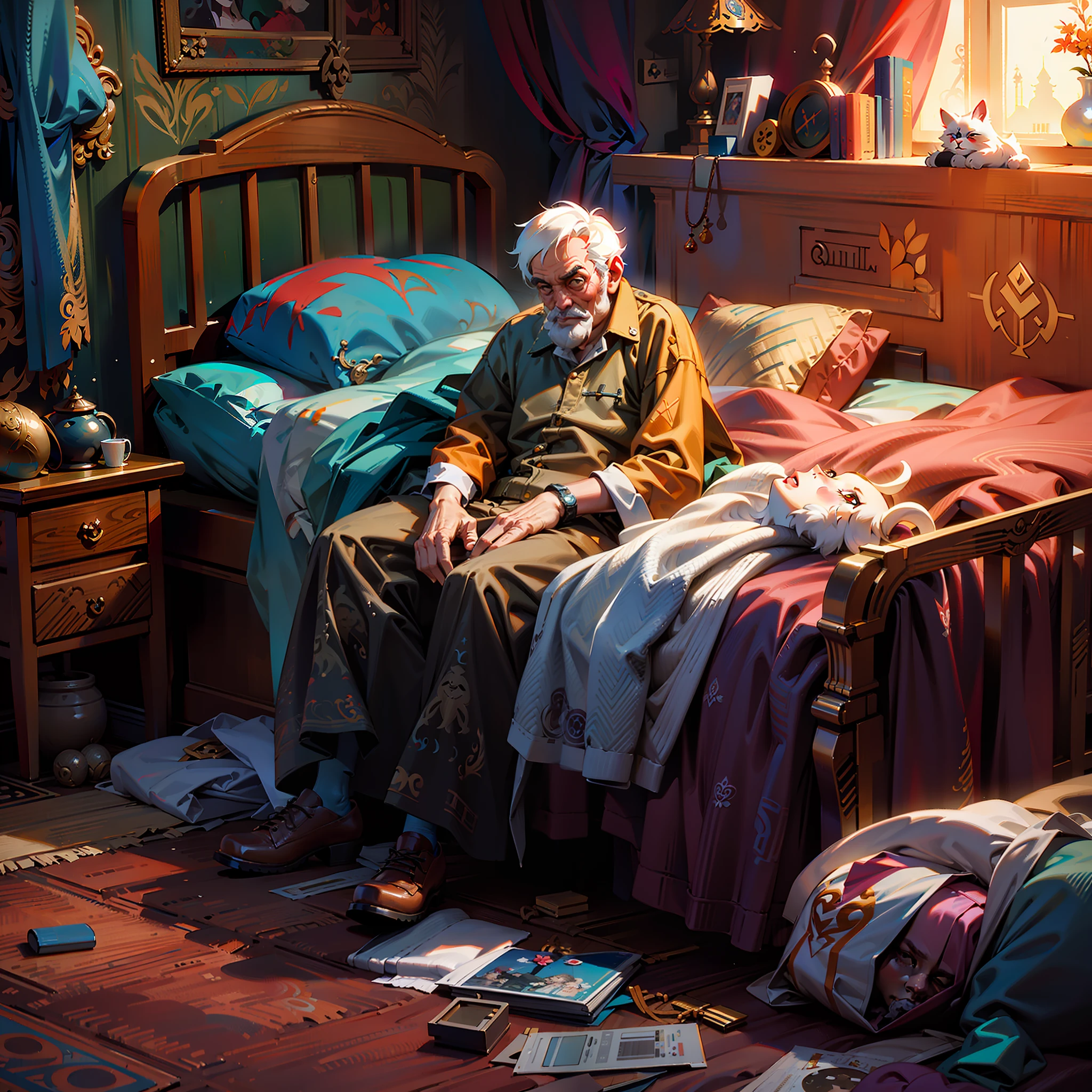pintura de um homem velho sentado em uma cama em um quarto, Cyril Rolando e M.w kaluta |, Cyril Rolando e M. w kaluta |, Directed by: Ludwik Konarzewski, Directed by: Ludwik Konarzewski Jr, 3d render senior artist, Directed by: Ni Yuanlu, Alexey Egorov