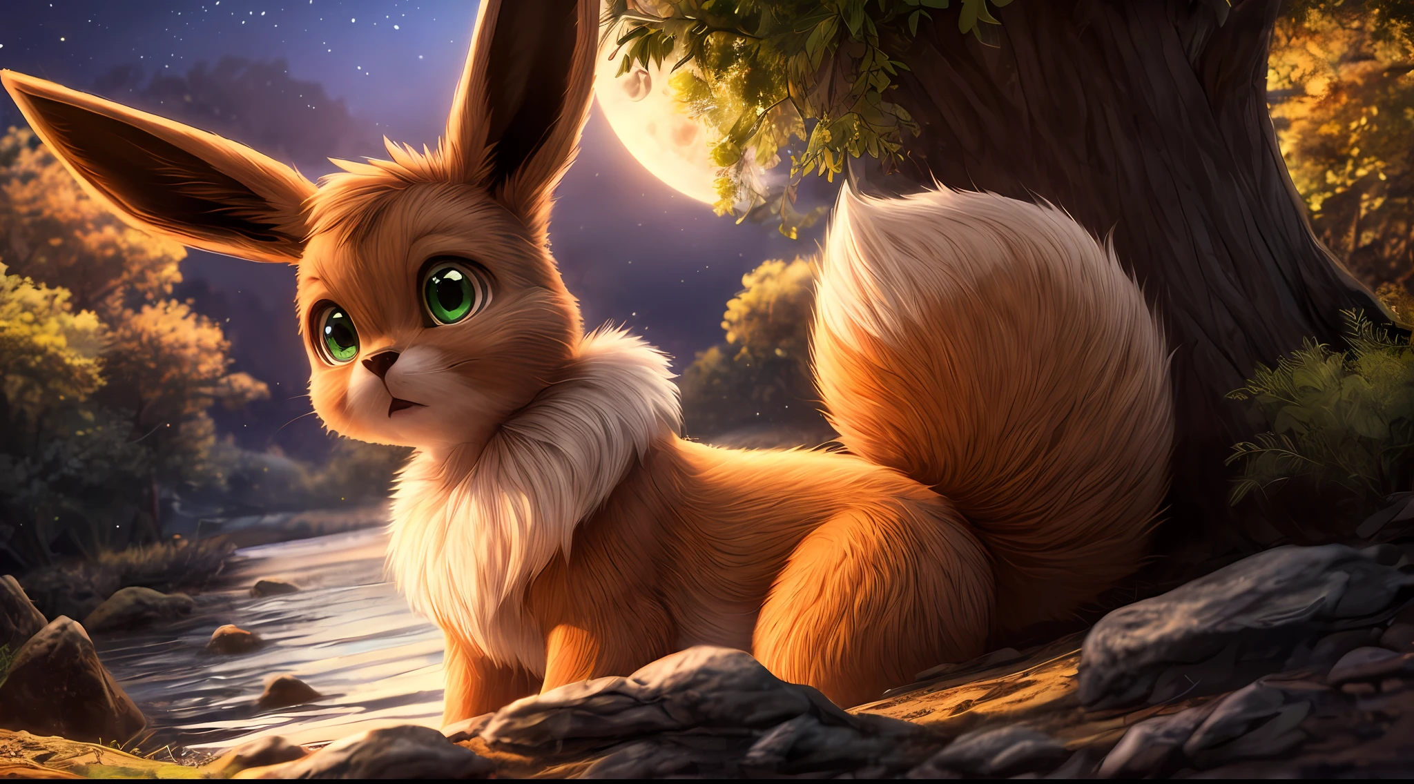 The little bunny is a child who likes to ask why，She always had a lot of big questions in her little head。。。，Like what，Why do carrots grow in the ground and not on trees?Why is the moon in the water after being scooped up，It becomes a small moon?Why do the stars in the sky always blink, Solo ((feral eevee)) with ((brown body)) and (white neck tuft) and ((Fluffy tail)) and ((clear green eyes)), (detailed feral brown fox eevee), (Detailed lighting), (detailed brown fox fur), Break, (Cinematic lighting), ((Detailed background)), ((Depth of field)), (half body shadow), ((Sunlight)), Break, ((Intricate, High detail, Film photography, Sharp focus, RAW candid cinema, Realistic, Photorealistic, analogue style, Subsurface scattering, Masterpiece, Best quality, Ultra photo realsisim, 8K))，