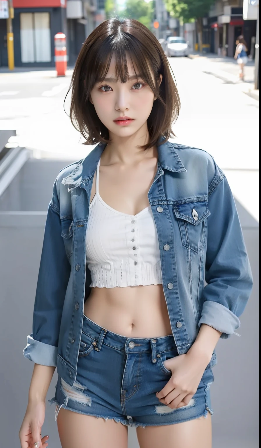 BDSM, NSFW, 1 Girl, Summer, Japanese Street, Light Blue Underwear, Denim Ripped Shorts, Denim Jacket Serious Face, Short Brown Hair, Turn, Clear Focus: 1.2, Highly Detailed Face and Skin Texture, Best Quality, 8k