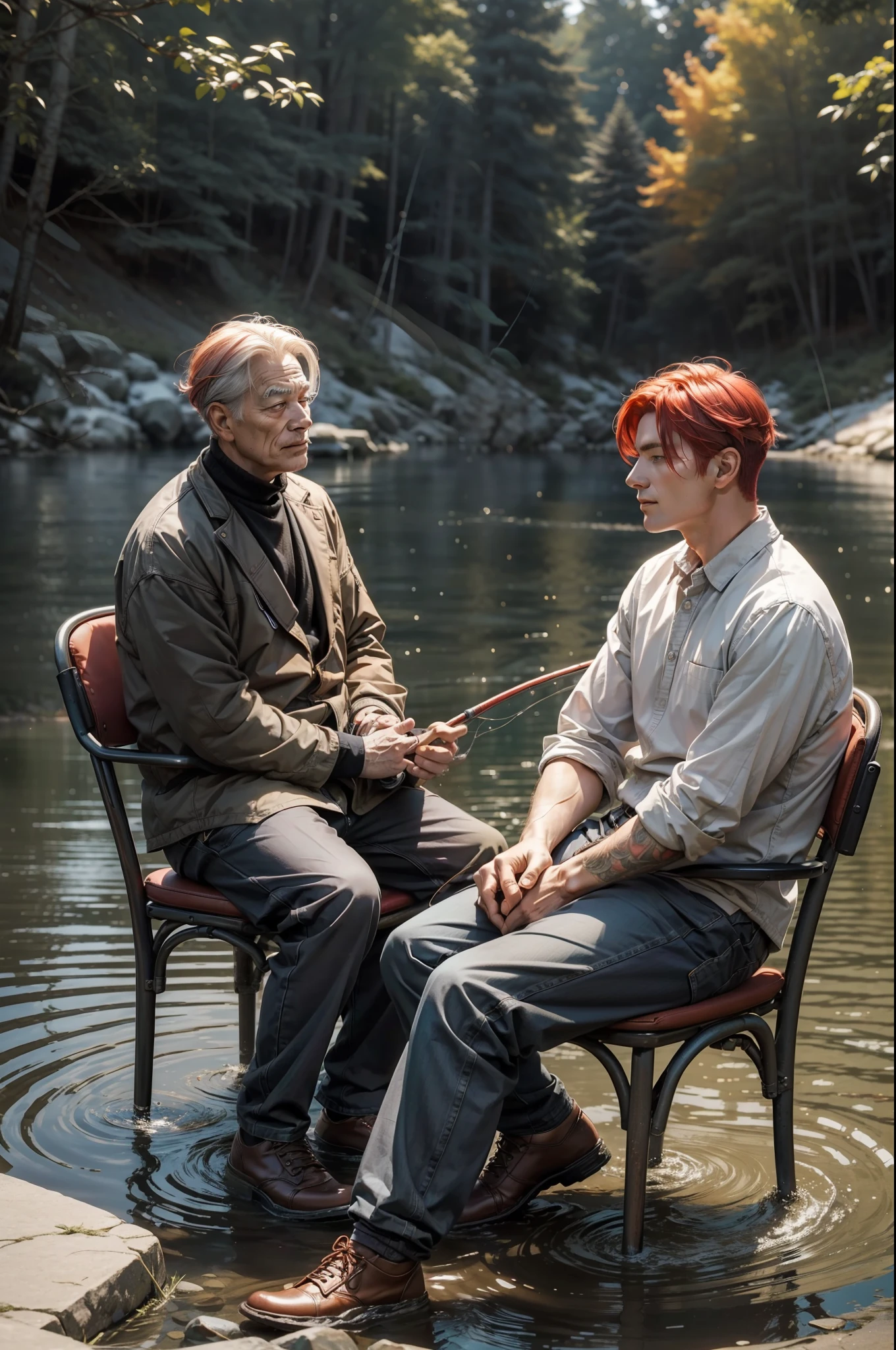 Two men ((sitting on chairs)), in front of a river ((fishing)), (one older man) and one younger, ((the older one has gray hair)), the younger one ((red hair)) , warm light, (warm colors1.3).