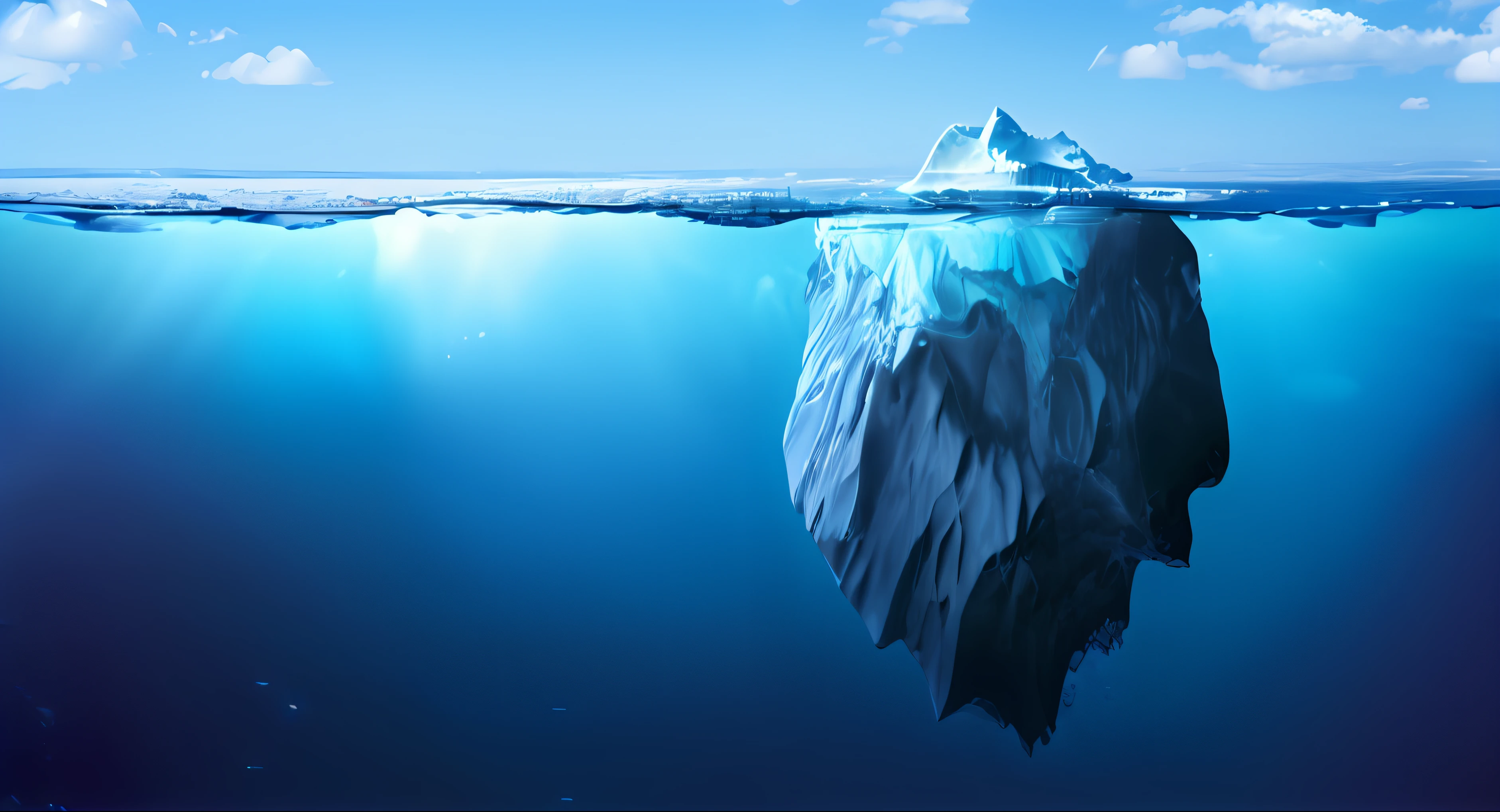 an iceberg floating in the ocean with a sunbeaming light, incredible depth, iceberg, amazing depth, icebergs, mountains made out of icebergs, photo of the middle of the ocean, deep depth, half submerged in water, middle of the ocean, sea underneath, partially submerged, sinking into madness, sinking as if drowing, mariana trench