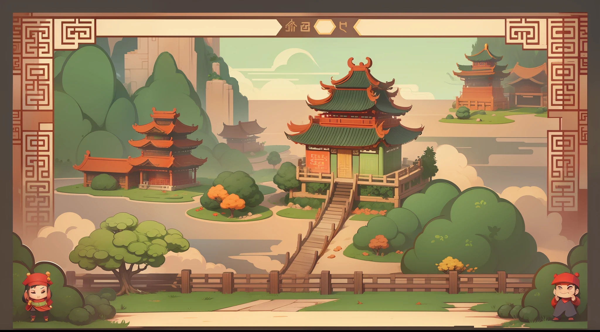 Generate a Chinese-style cartoonish game landing interface,No text is required