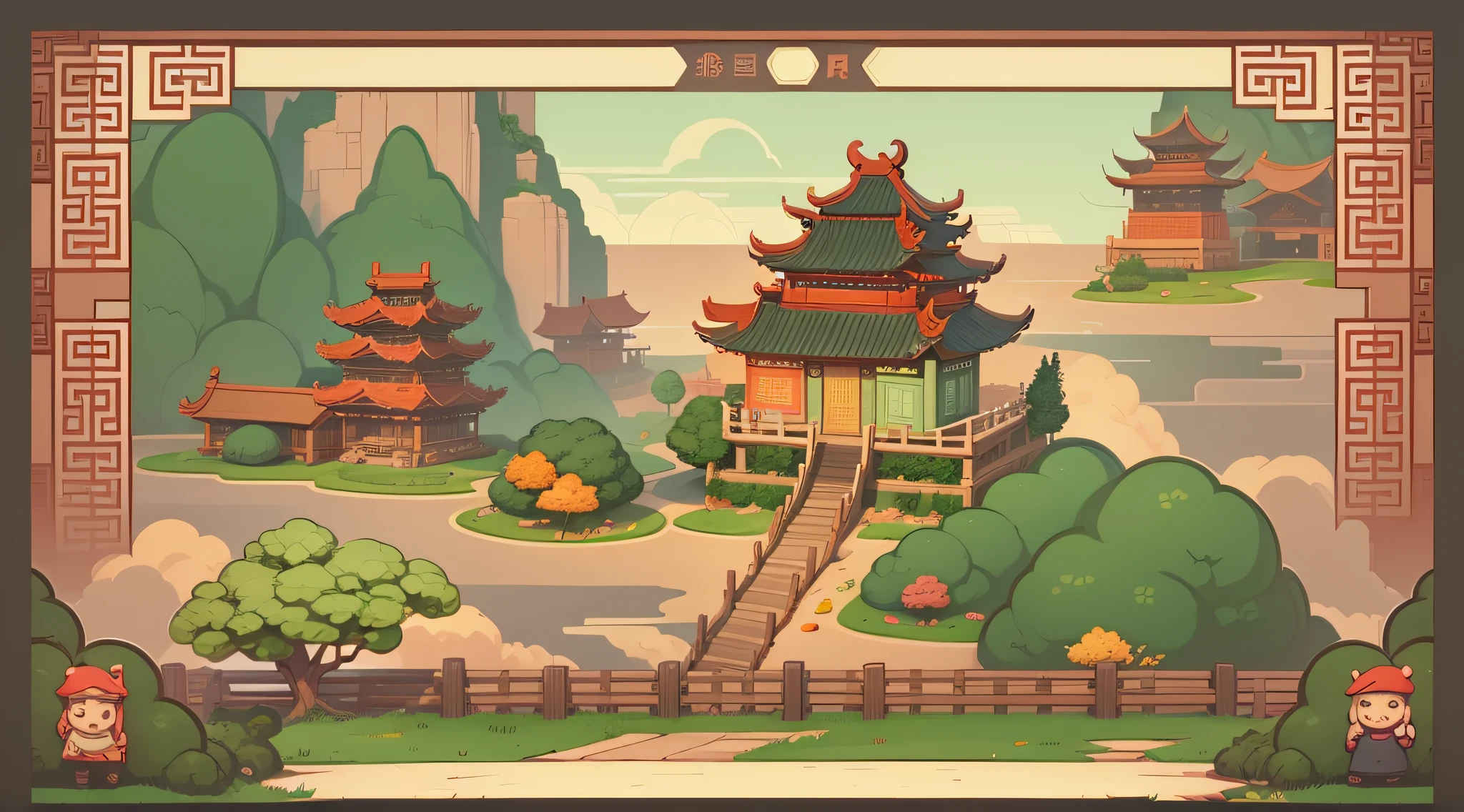 Generate a Chinese-style cartoonish game landing interface,No text is required