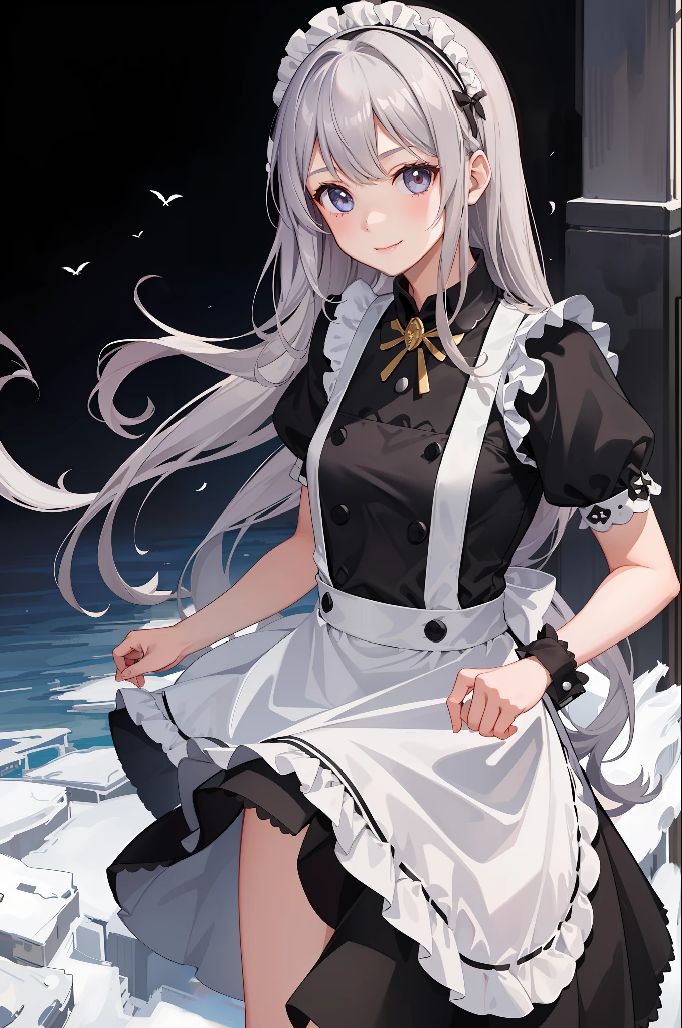 1girl in、A smile、A delightful、skirt by the、(small tits)Chilarism、doress、pinafore,,,,,,、Maids,,,,,,,,、hair adornments、movement、