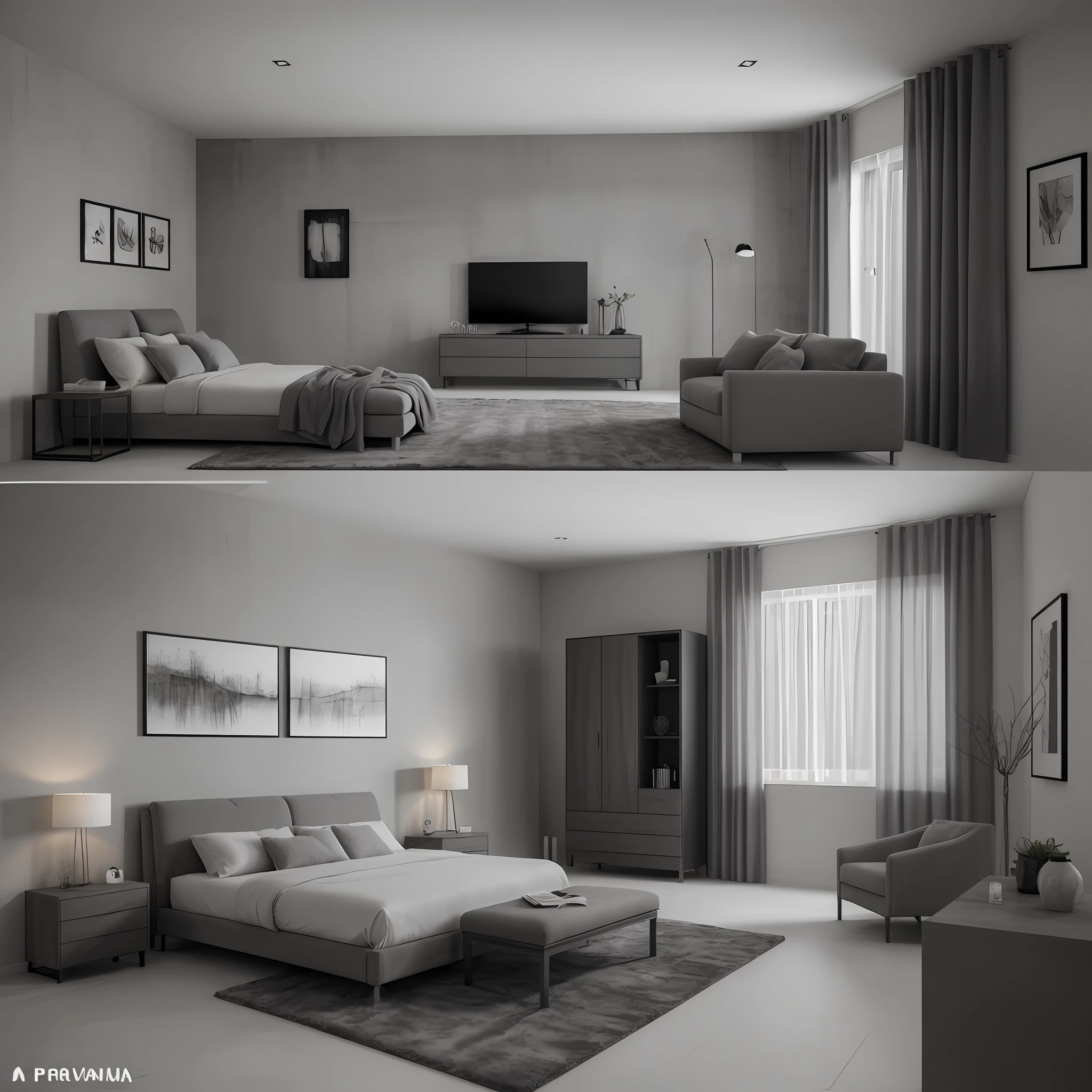 ((obra-prima)), melhor qualidade, qualidade alta, ambiente super detalhado, interior, quarto preto, Modern designer furniture in well-detailed gray color, alvenaria de concreto, render de interior, (4k), 8k.