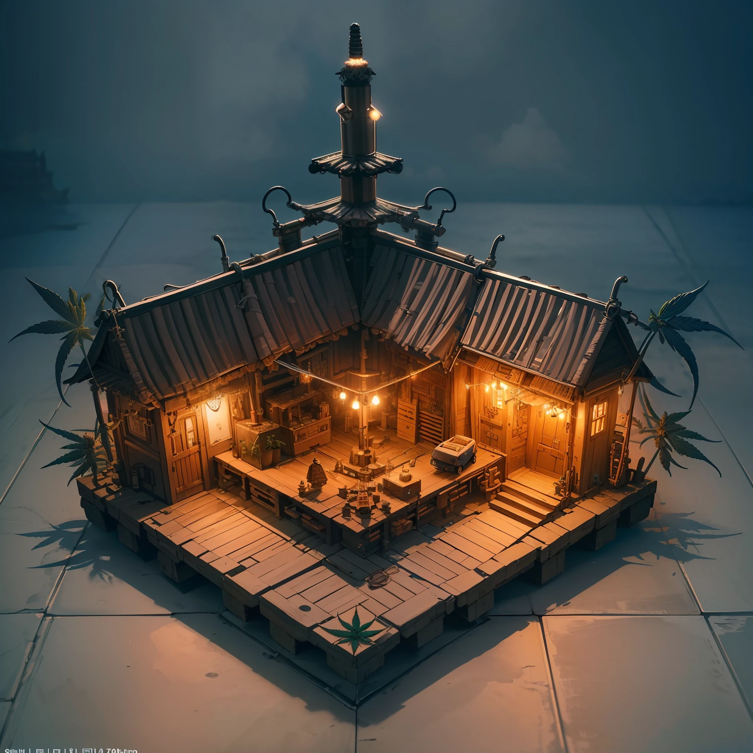 mini\(ttp\), (8k, RAW photo, best quality, masterpiece:1.4),(cannabispunk:1.5),Lots of connecting pipes,(balipunk:1.5),(gothicpunk light:1.2),on desk,in a miniature box,isometric, miniature, landscape on foundation
