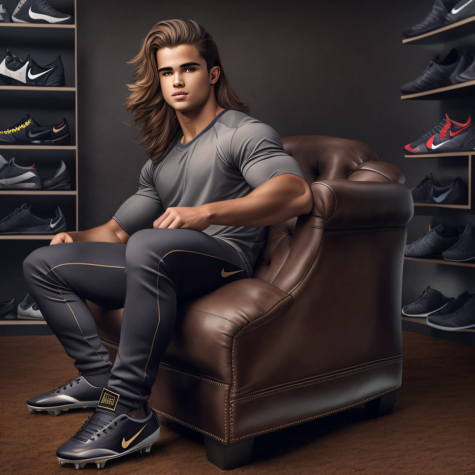 An 18-year-old boy musclejock, embodying the perfect fusion of Joey Lawrence and Spencer Boldman with long hair, relaxing and reclining in a chair with his legs up and spread out showing the bottoms of his Nike Cleats. facing the lens in photo studio. Enhanced with HDR technology, this image depicts a true masterpiece, 4K resolution, feet POV, foreshortened perspective, flawlessly rendered anatomy, Detailed illustration of shoes with exquisite realism and skilled craftsmanship. a portrait inspired by Randy Vargas, reddit, realism, profile image, 70mm lens