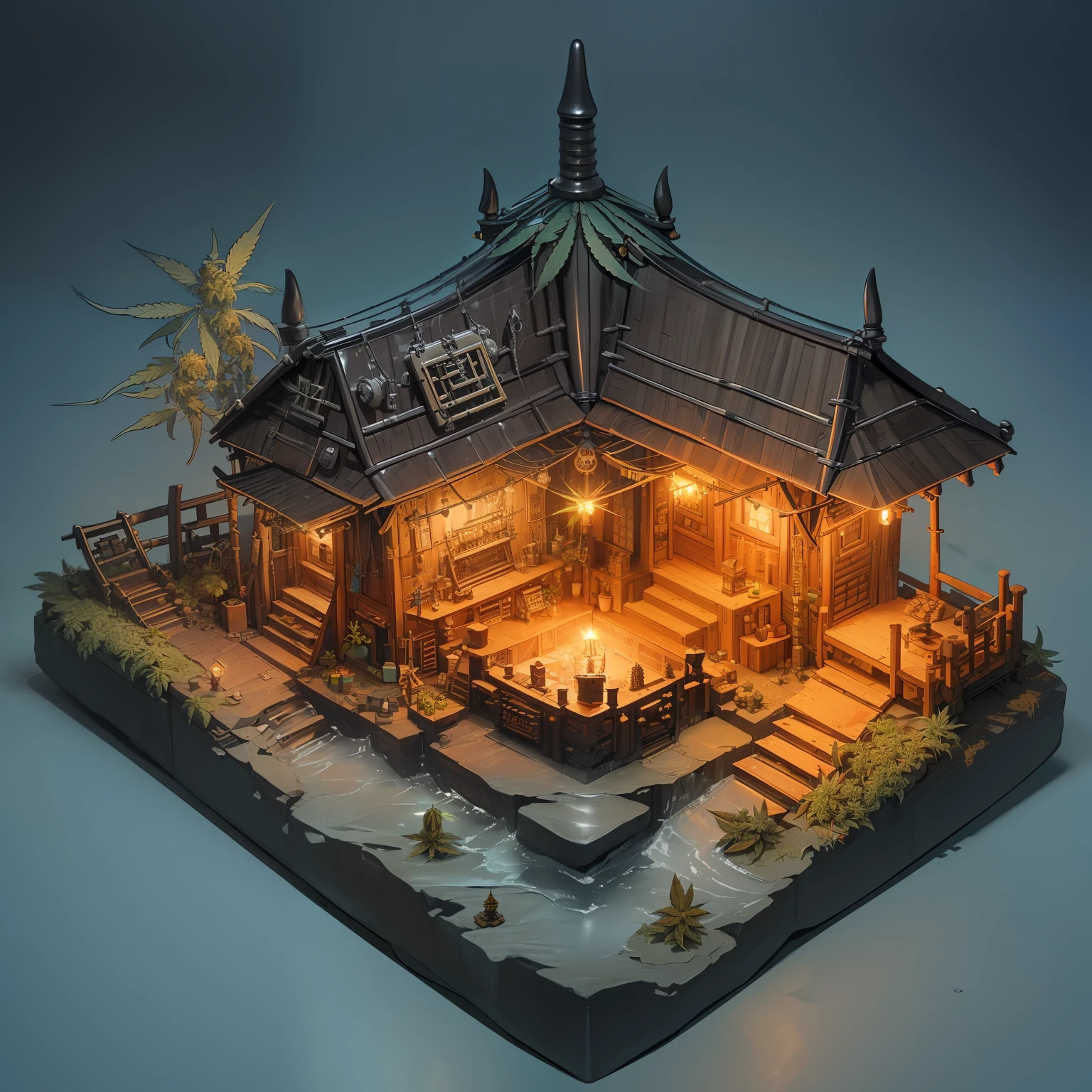 mini\(ttp\), (8k, RAW photo, best quality, masterpiece:1.4),(cannabispunk:1.5),Lots of connecting pipes,(balipunk:1.5),(gothicpunk light:1.2),on desk,in a miniature box,isometric, miniature, landscape on foundation