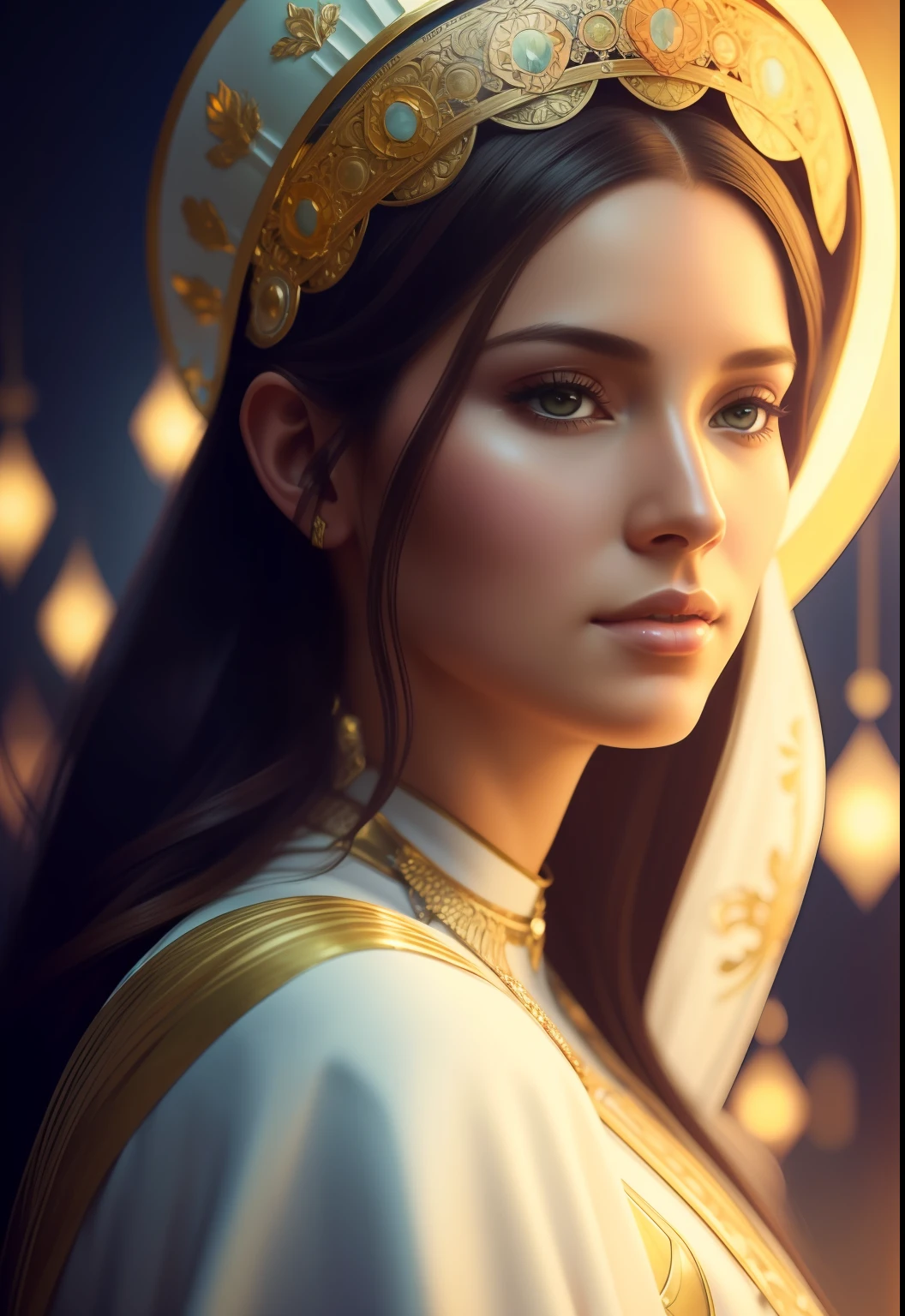 The Virgin Mary and the Child Jesus. MUJER CAUCASICA. 19 years old, DULCE Y LA INOCENTE MIRADA ANGELICAL, Alta calidad, obra maestra, rasgos faciales exquisitos, cabello exquisito, ojos exquisitos, cabello de color exquisito, calidad de imagen 4K, hermosa luz y sombra, efecto Tyndall, halo, cabello desordenado, estado joven, escena hermosa, ropa exquisita, cadenas, plumas, belleza antigua con ojos grandes muy detallados, pintura digital, artstation, arte conceptual, foco nítido, illustration, arte de greg rutkowski y alphonse mucha y victo ngai