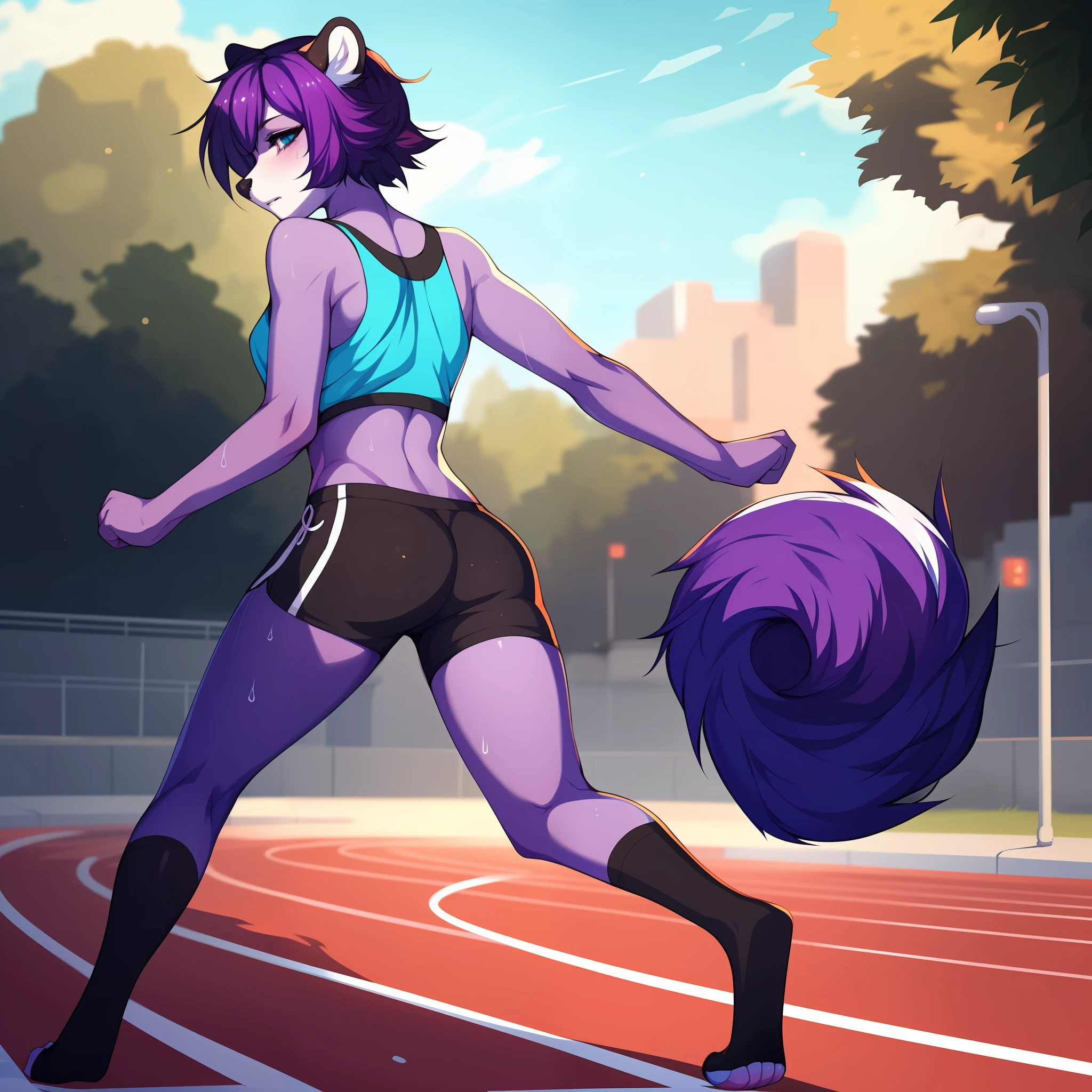 Solo, A cute anthro purple skunk girl, female, all purple furry body, female, (cute snout:1.2) full body, black nose, ((by hyattlen, by fumiko, by claweddrip)), 4 toes, simple blue eyes with black iris, short light purple hair, highly detailed, fluffy tail, fluffy purple ears, soft and warm shading, wearing athletic shorts, a tank top, small breasts, tired expression, wearing toeless black socks, toned body, jogging on a track outside, in the daytime, sweating, not looking at viewer, mouth slightly open, hands clenched into fists, well drawn hands, good anatomy, rear view