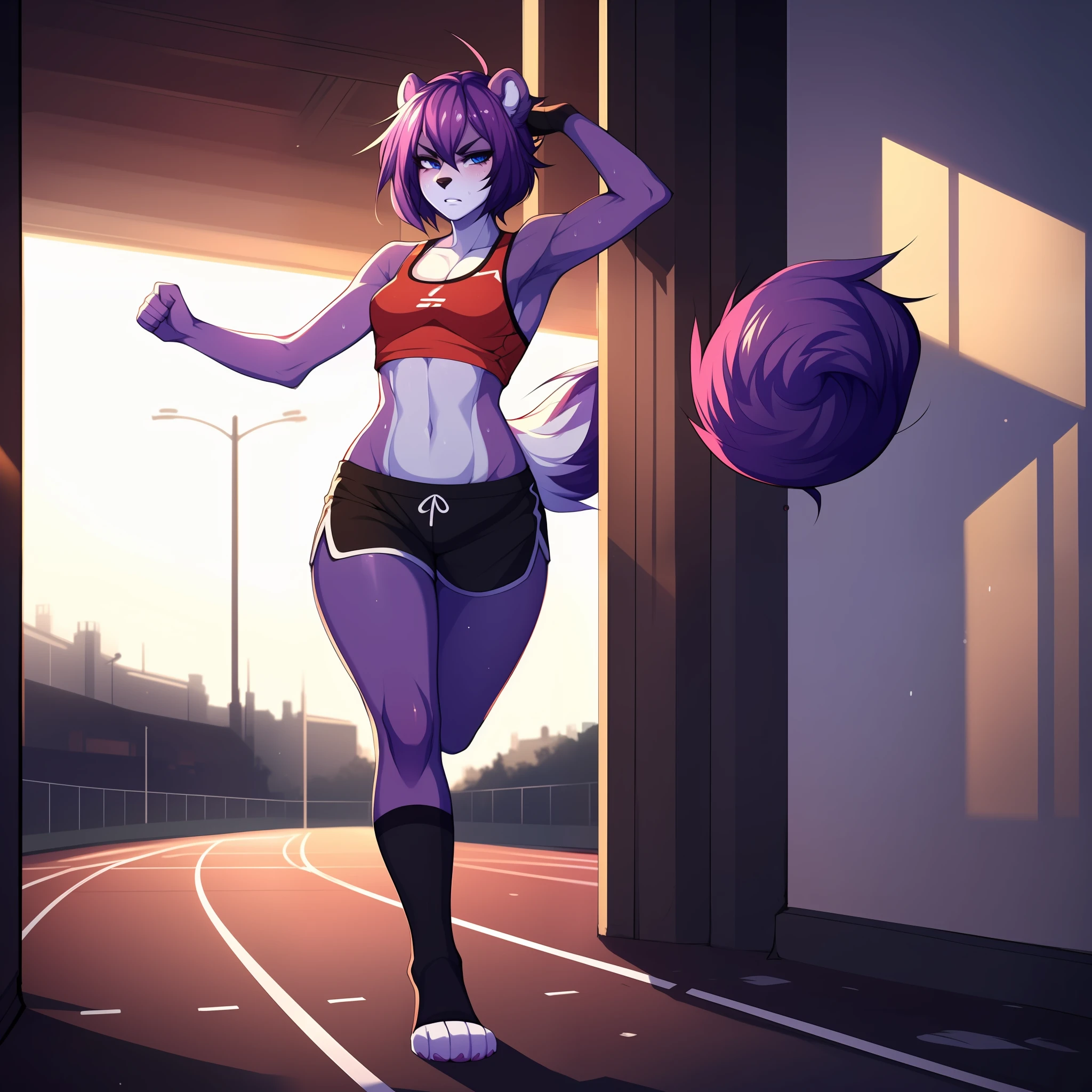 Solo, A cute anthro purple skunk girl, female, all purple furry body, female, (cute snout:1.2) full body, black nose, ((by hyattlen, by fumiko, by claweddrip)), 4 toes, simple blue eyes with black iris, short light purple hair, highly detailed, fluffy tail, fluffy purple ears, soft and warm shading, wearing athletic shorts, a tank top, small breasts, tired expression, angry, wearing toeless black socks, toned body, running on a track outside, in the daytime, sweating, not looking at viewer, mouth slightly open, hands clenched into fists, well drawn hands, good anatomy,