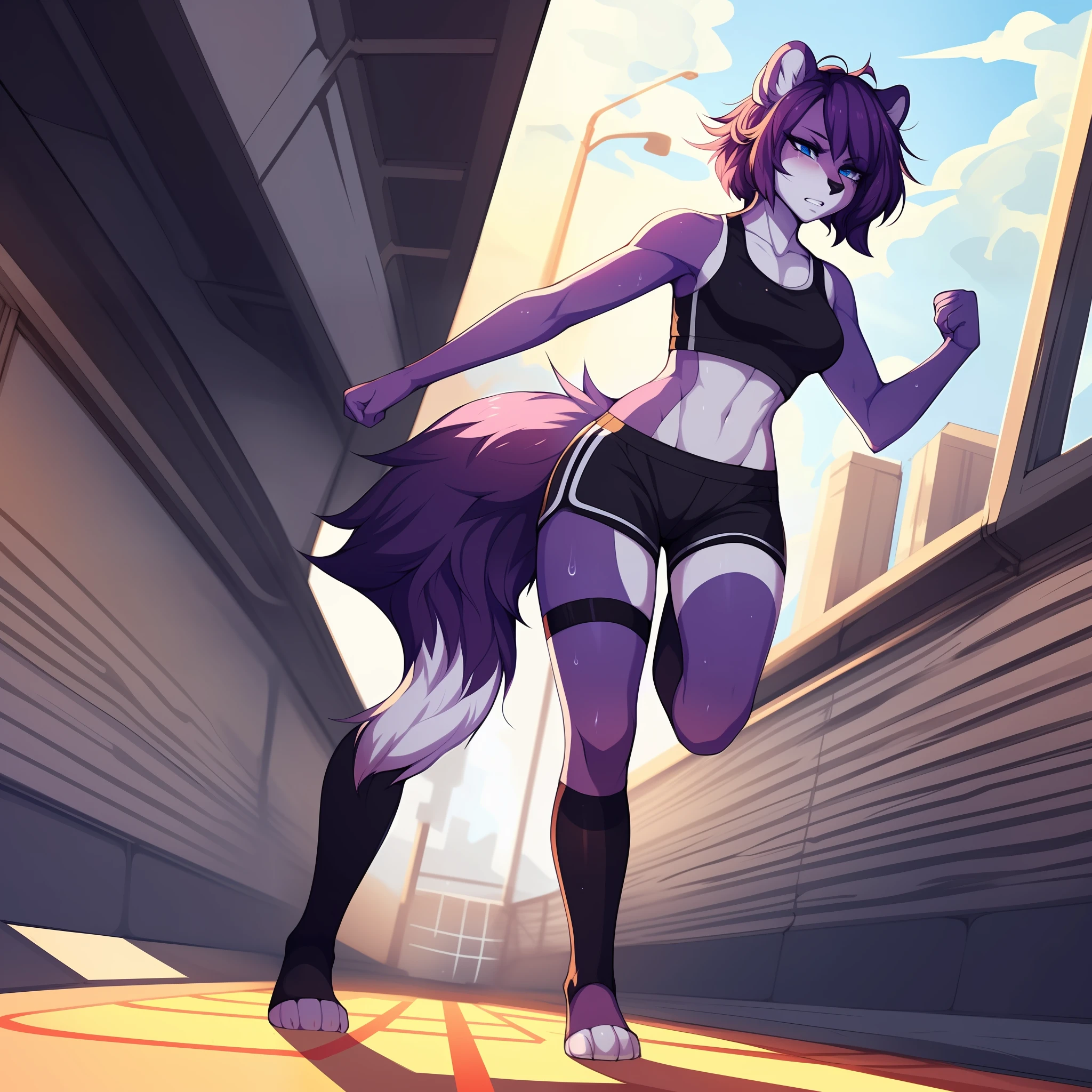 Solo, A cute anthro purple skunk girl, female, all purple furry body, female, (cute snout:1.2) full body, black nose, ((by hyattlen, by fumiko, by claweddrip)), 4 toes, simple blue eyes with black iris, short light purple hair, highly detailed, fluffy tail, fluffy purple ears, soft and warm shading, wearing athletic shorts, a tank top, small breasts, tired expression, angry, wearing toeless black socks, toned body, running on a track outside, in the daytime, sweating, not looking at viewer, mouth slightly open, hands clenched into fists, well drawn hands, good anatomy,