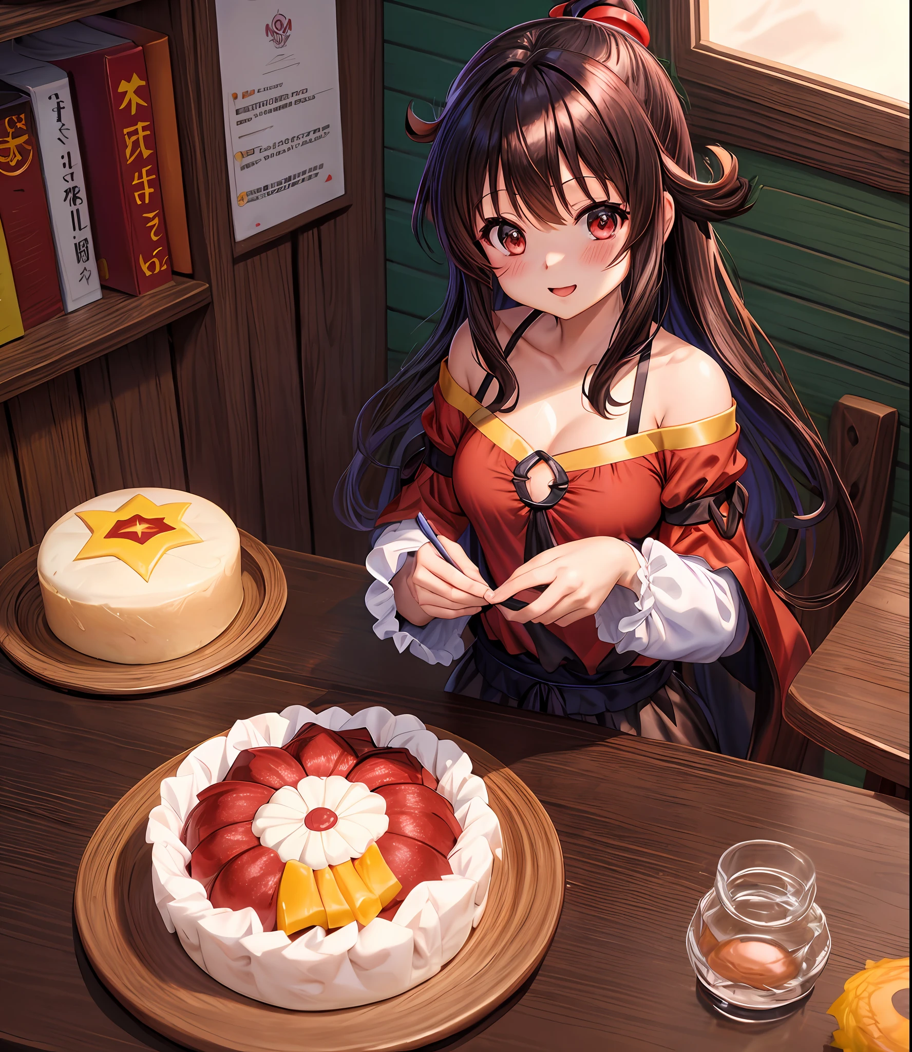 Cabelos castanhos、olhos vermelhos、Uma menina bonita (Megumin Konosuba)、solo、animesco、camisola preta、uma minissaia、blush vermelho、