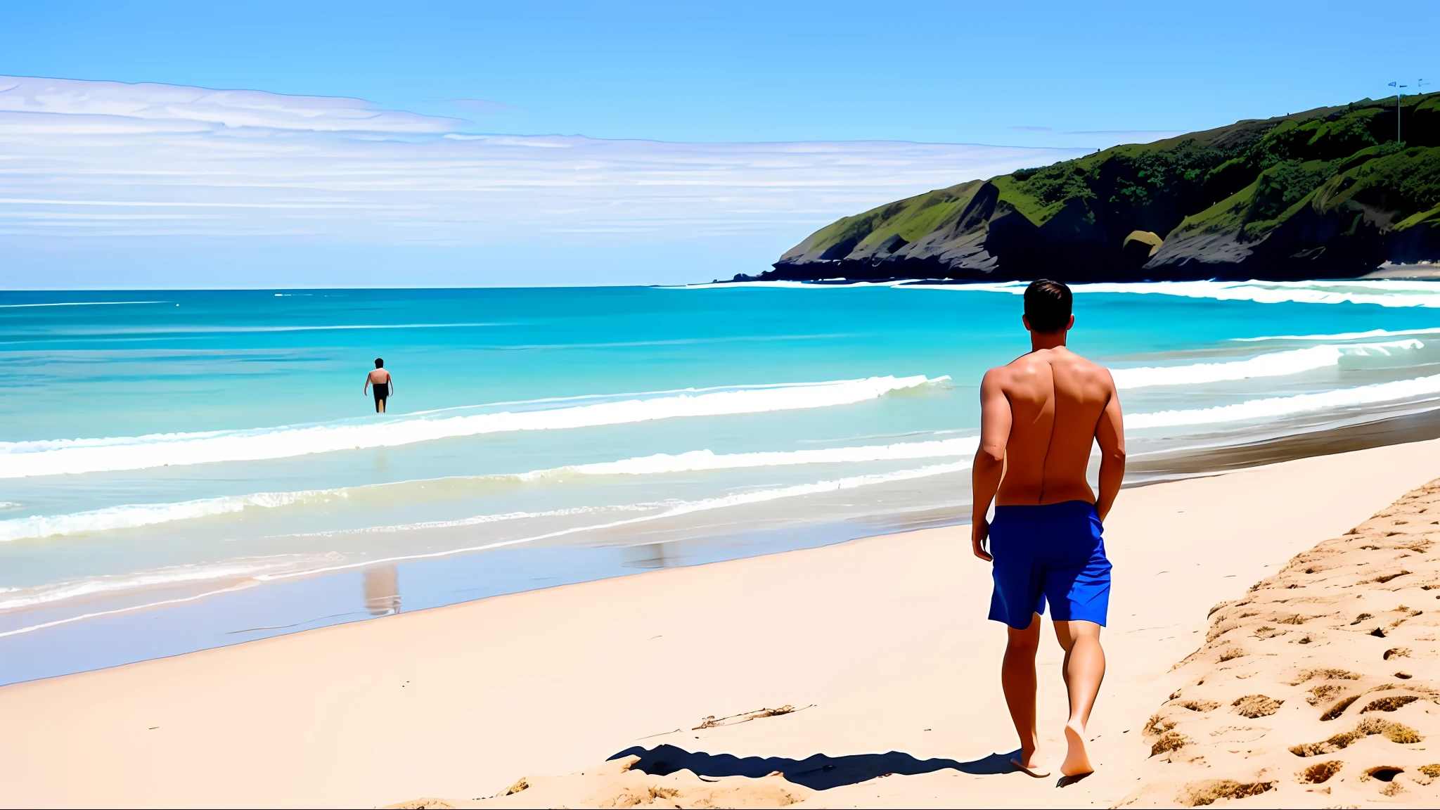 There is a man walking on the beach posing on a beach with the ocean, 3 2 anos, foto de praia, 3 6 anos, no oceano, na praia, standing at the beach