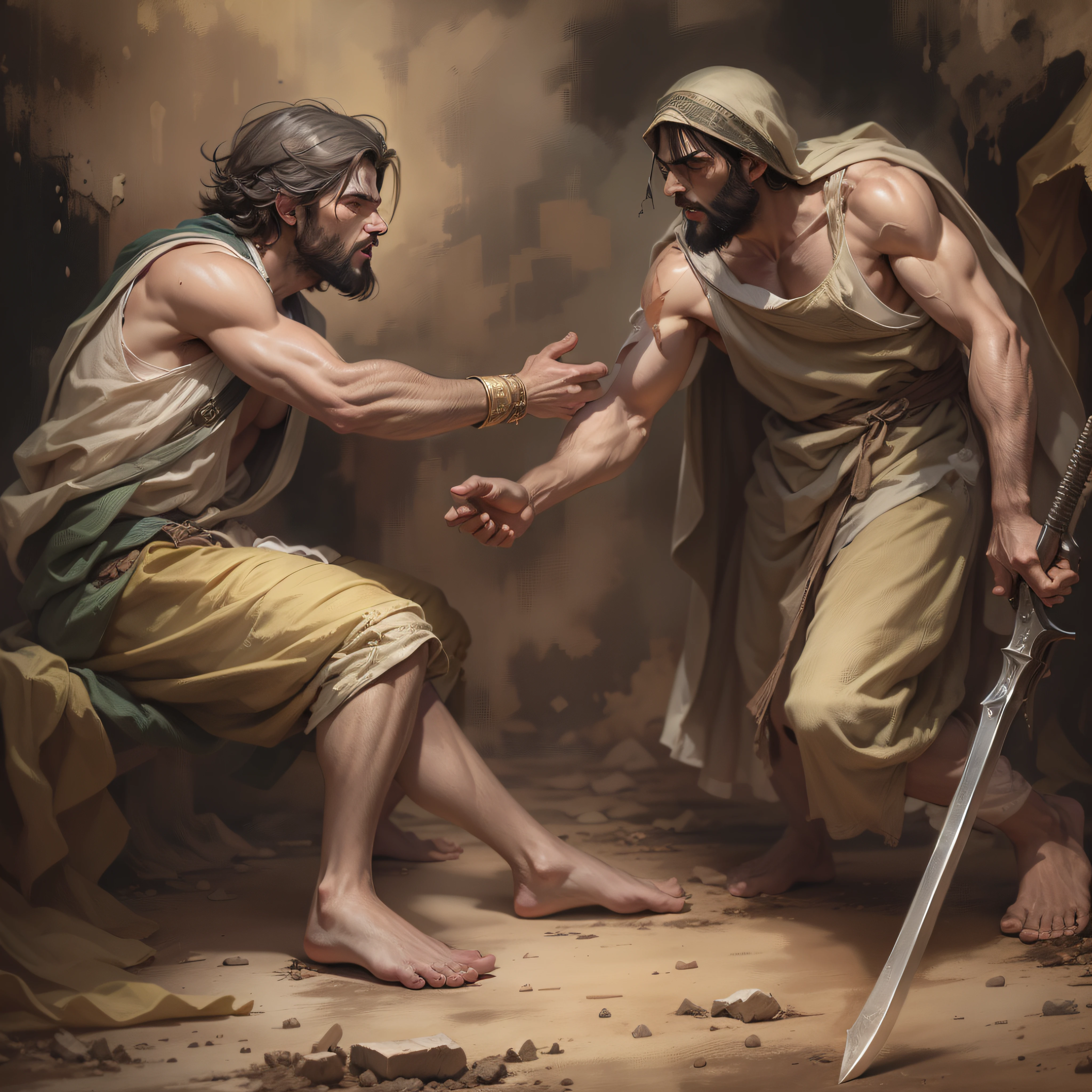 Imagem intensa e hostil retratando a rivalidade entre Caim e Abel, Two brothers of the biblical narrative. Facial expressions of anger and envy in both, reflecting your negative emotions. Cores e sombras criando atmosfera tensa e hostil. Symbolic Elements, como cajado e oferendas sacrificiais, ressaltando as origens da rivalidade. Possible physical or verbal competition, enfatizando sua natureza agressiva. Narrative details that precede fratricide, such as the moment before the murder or the presence of an object that will become the weapon of crime. Focus on the intensity of the rivalry and emotional conflicts between siblings before the tragedy that will change their lives.
