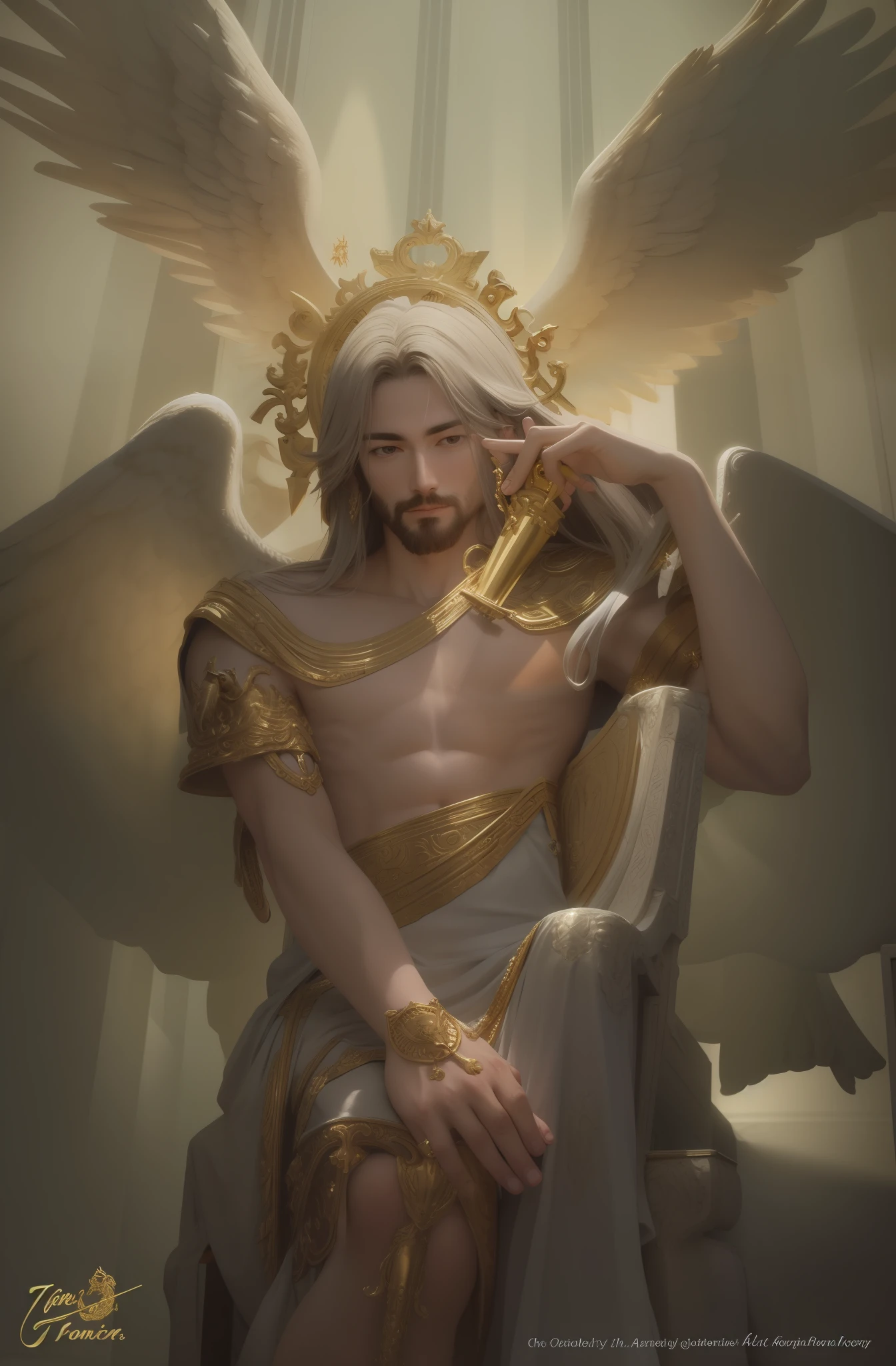 Jesus sitting on his ivory throne with details of the golden lion's head on the armrests, and angels with trumpets in their hands