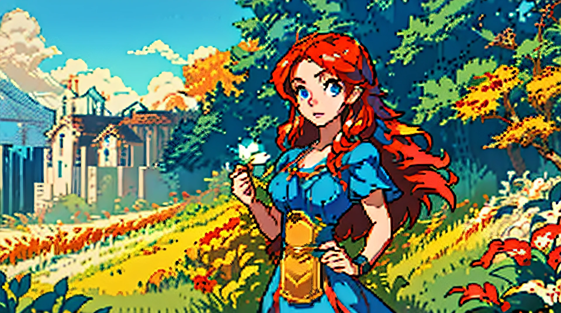 pixelart, 1 girl, viking hair, red hair, upper body, looking for viewer, nsfw, blue dress, golden acessories, shiny blue eyes, masterpiece, detailed, lofi environment, autumn landscape, day, smooth