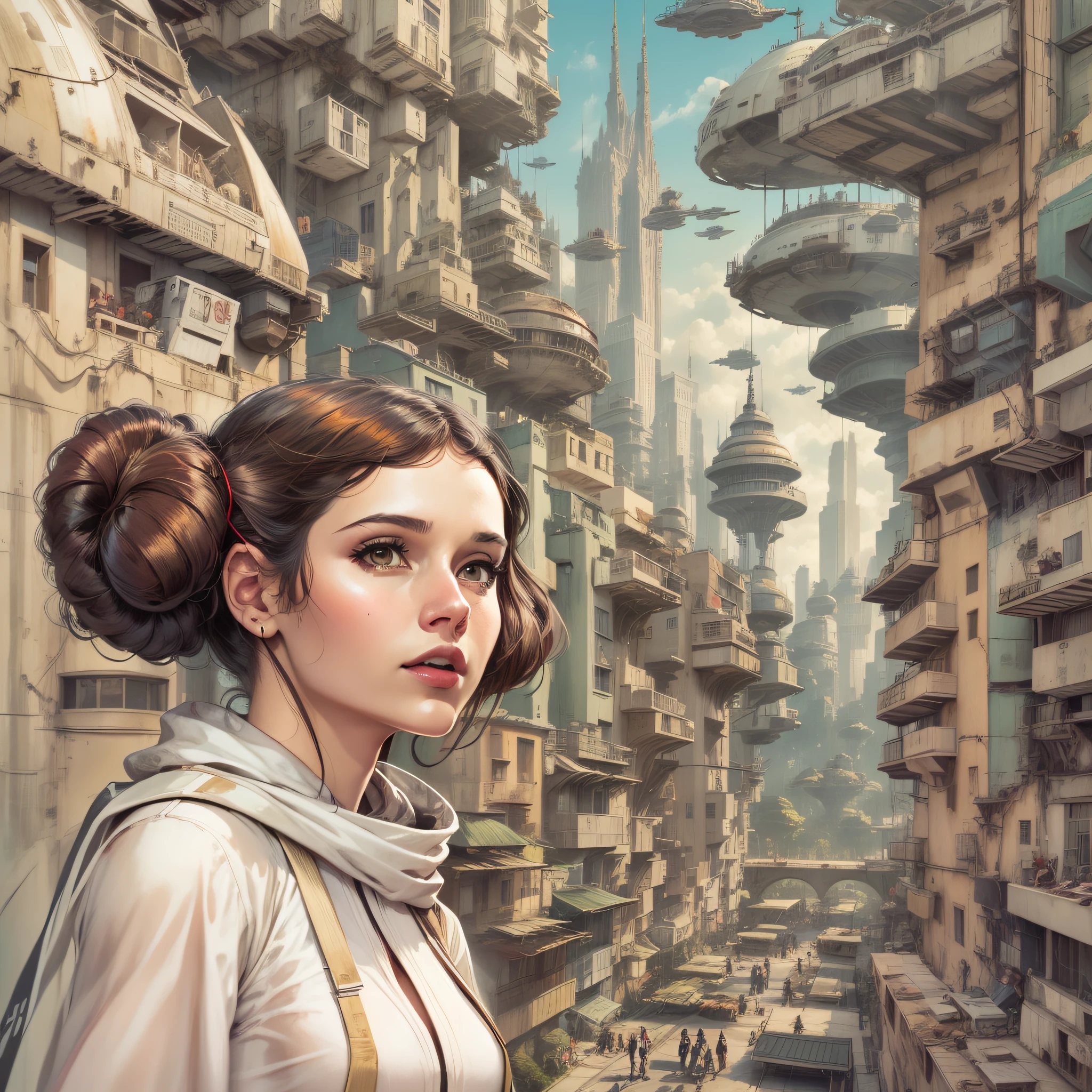 en estilo comic, la princesa leia y su escolta imperial, pasean por las calles de la ciudas de coruscant, con inmensos edificios tecnologicos, y sus naves voladoras,con todo el ambiente y estilo star wars.