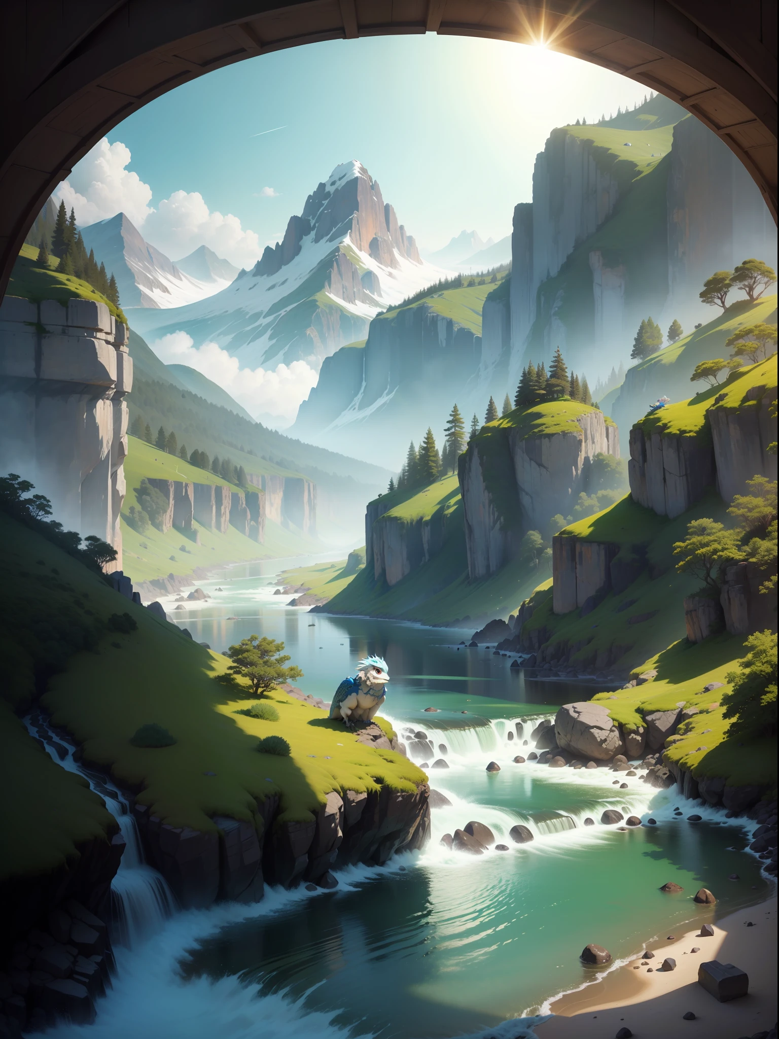 Uma imagem da paisagem do reino encantado com florestas exuberantes, majestic mountains and brilliant rivers with An illustration of the little sky blue dragon Dizzy with its bright scales and golden wings, olhando curiosamente para o horizonte a procura da flor encantada