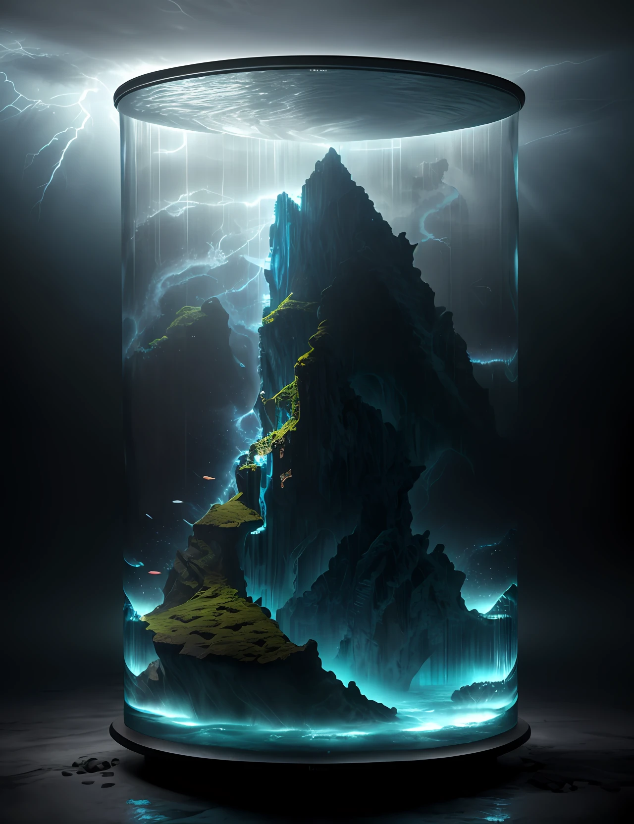 knollingcase, ocean scenery of Atlantis inside of water globe, thunderstorm, transparent data visualization, trending on art station, by Tom Bagshaw and Seb McKinnon, ultra detailed, hyper-realistic, cinematic, dramatic lighting, volumetric lighting, 150mm, octane render, photorealistic, denoise, photograph with a Hasselblad H3DII
