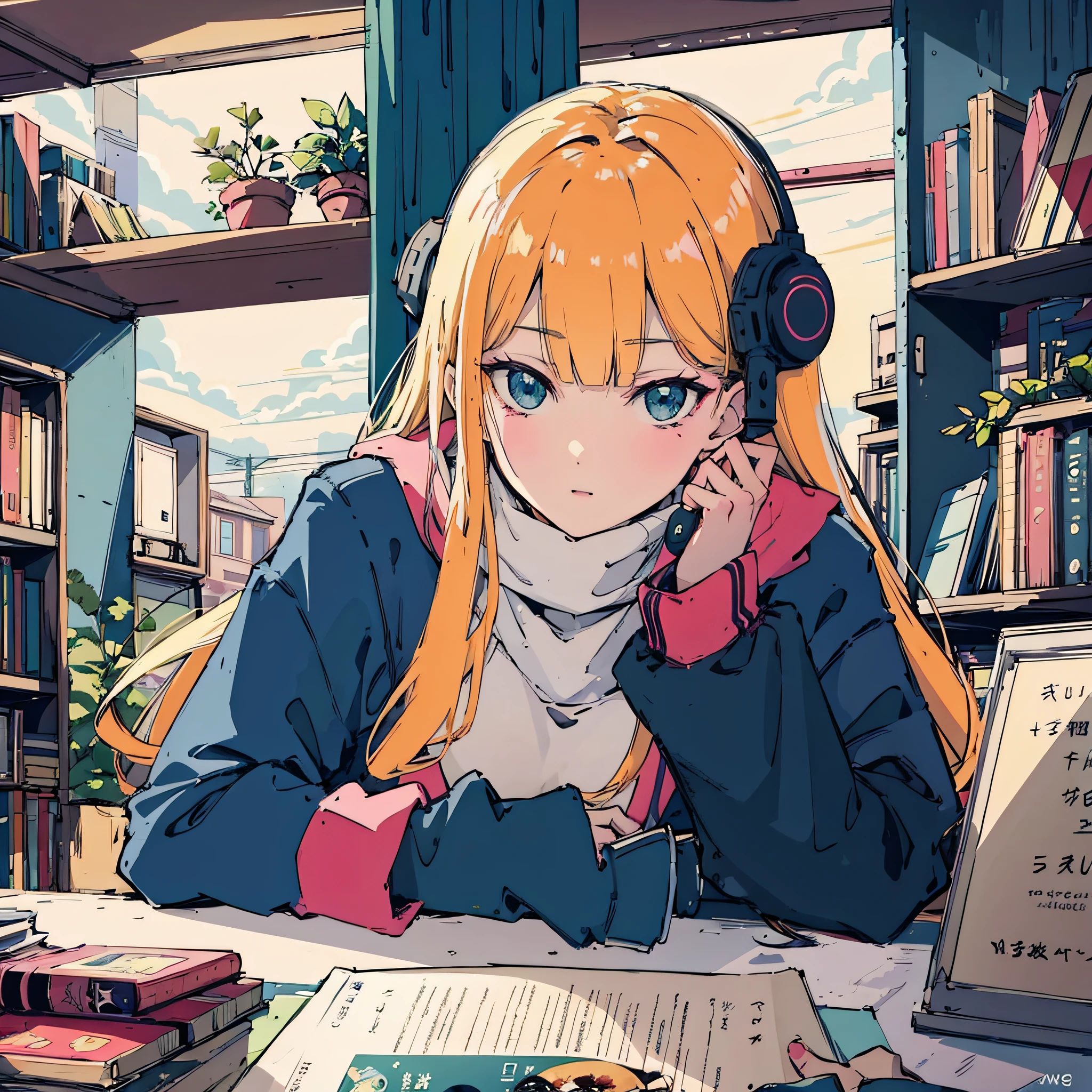 a close up of a cartoon girl sitting at a table, anime vibes, anime aesthetic, in the art style of 8 0 s anime, blonde anime girl with long hair, 8 0 s anime vibe, digital anime illustration, anime art style, 9 0 s anime art style, lo-fi illustration style, highschool background, trending on artstration