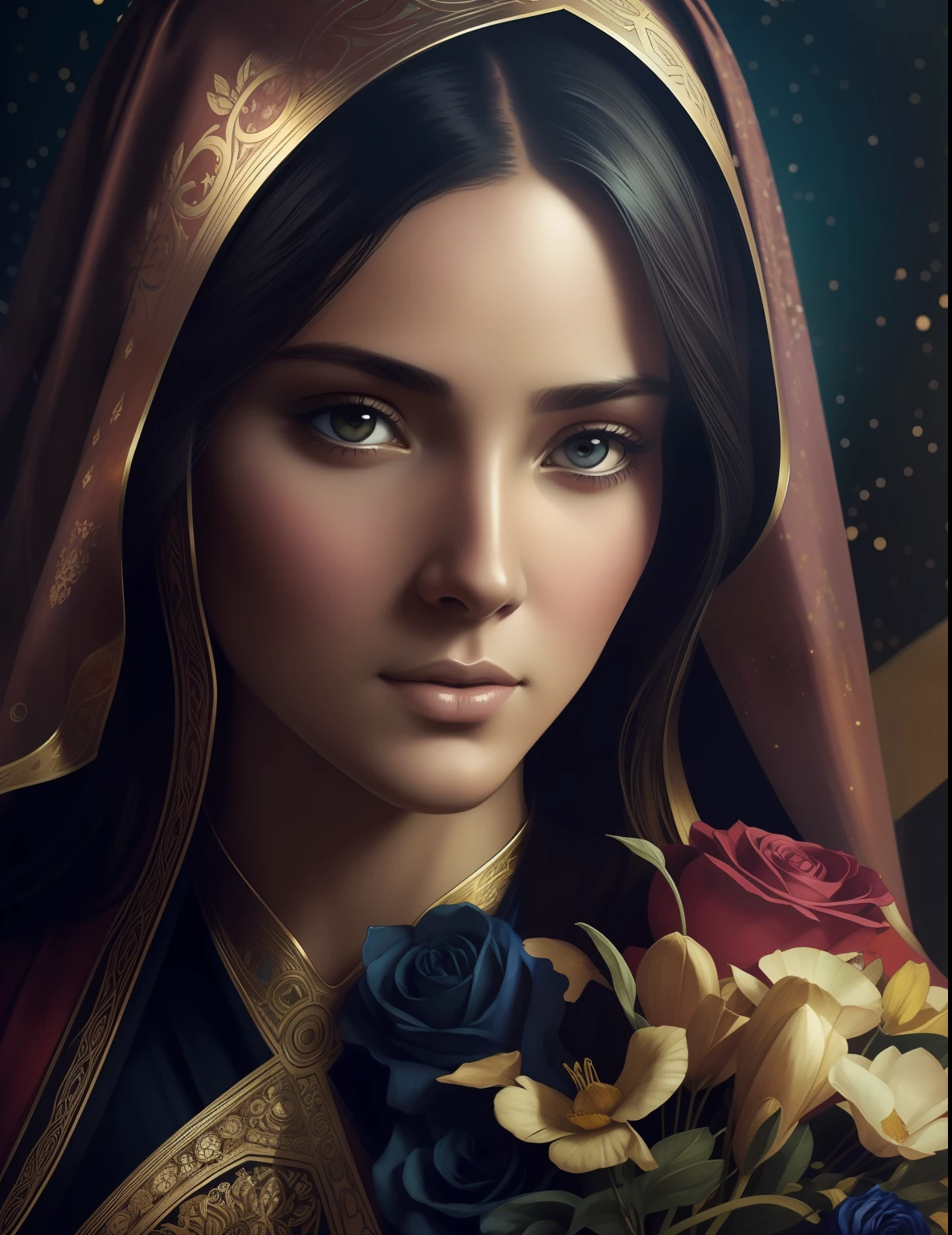 The Virgin Mary and the Child Jesus. MUJER CAUCASICA. 19 years old, DULCE Y LA INOCENTE MIRADA ANGELICAL, Alta calidad, obra maestra, rasgos faciales exquisitos, cabello exquisito, ojos exquisitos, cabello de color exquisito, calidad de imagen 4K, hermosa luz y sombra, efecto Tyndall, halo, cabello desordenado, estado joven, escena hermosa, ropa exquisita, cadenas, plumas, belleza antigua con ojos grandes muy detallados, pintura digital, artstation, arte conceptual, foco nítido, illustration, arte de greg rutkowski y alphonse mucha y victo ngai