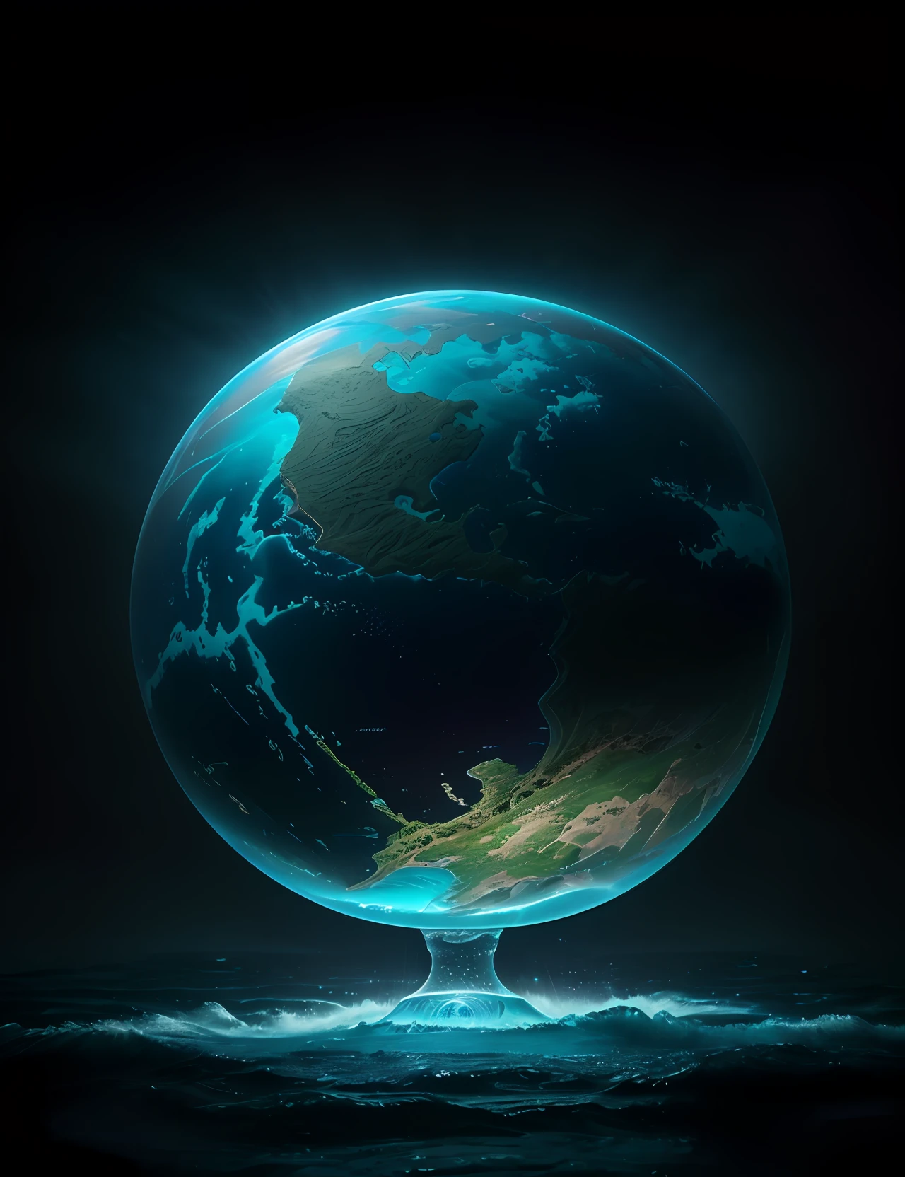 knollingcase, ocean scenery of Atlantis inside of water globe, thunderstorm, transparent data visualization, trending on art station, by Tom Bagshaw and Seb McKinnon, ultra detailed, hyper-realistic, cinematic, dramatic lighting, volumetric lighting, 150mm, octane render, photorealistic, denoise, photograph with a Hasselblad H3DII