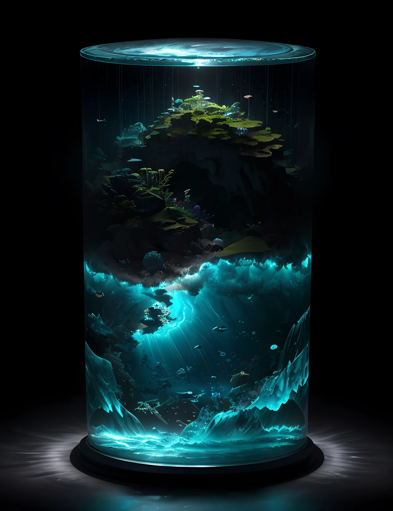 knollingcase, ocean scenery of Atlantis inside of water globe, thunderstorm, transparent data visualization, trending on art station, by Tom Bagshaw and Seb McKinnon, ultra detailed, hyper-realistic, cinematic, dramatic lighting, volumetric lighting, 150mm, octane render, photorealistic, denoise, photograph with a Hasselblad H3DII
