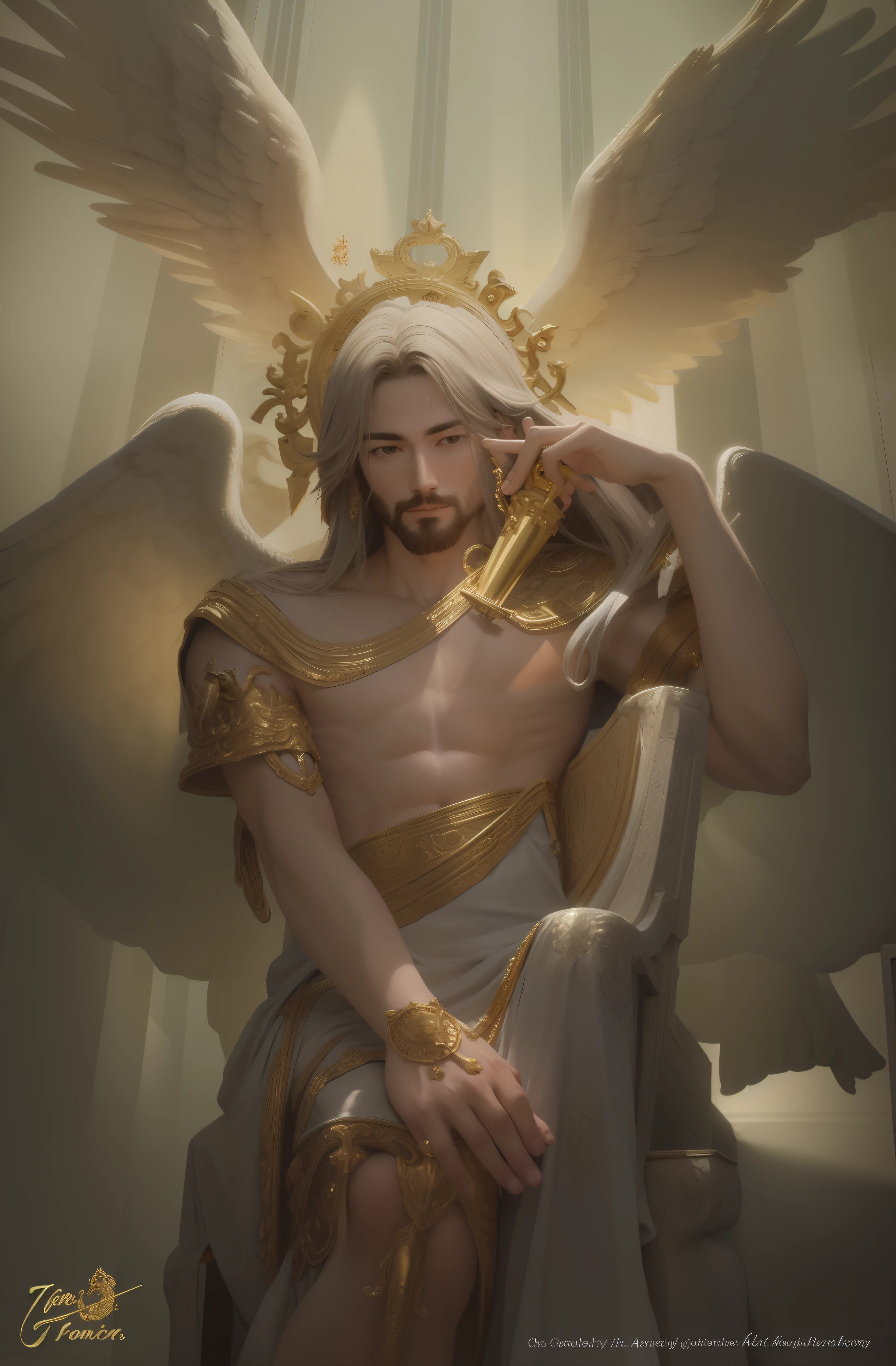 Jesus sitting on his ivory throne with details of the golden lion's head on the armrests, and angels with trumpets in their hands