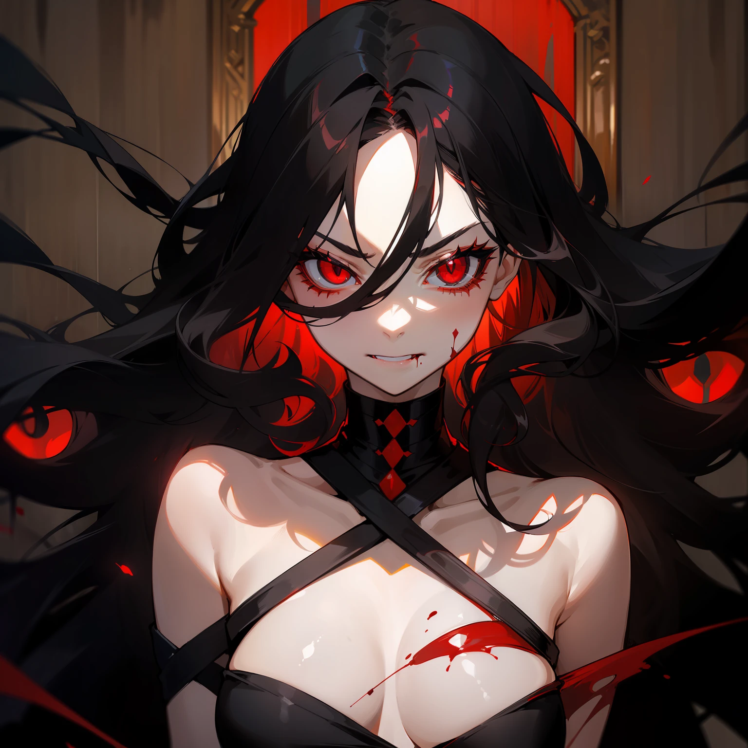 ((Slit pupil)), ((masterpiece)), red eyes, fangs, dark dress, ((long black hair)), menacing, death, ((calm)), ((mature woman)), ((curly hair)), fair skin, beautiful, blood on cheeks