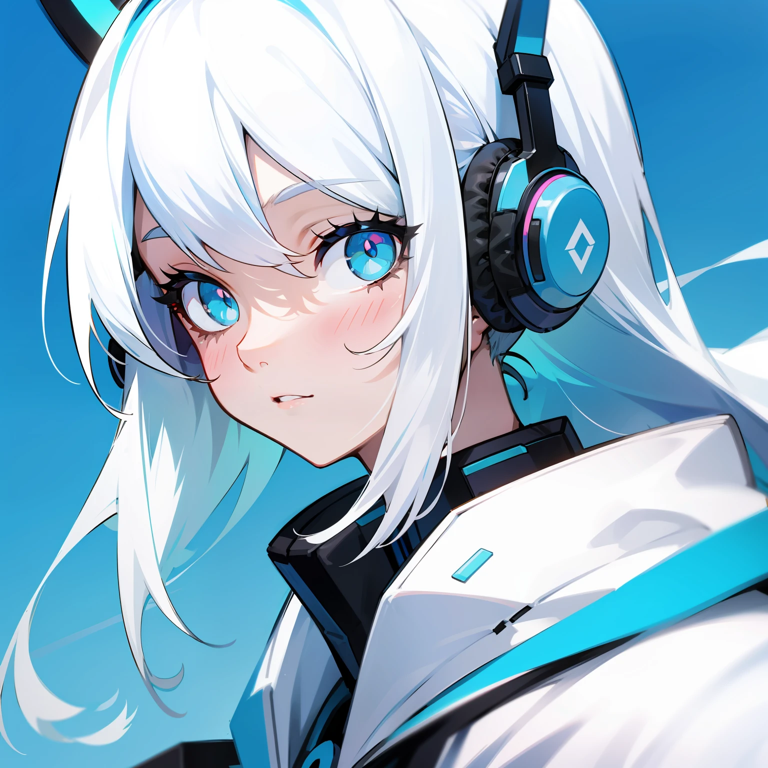 A girl with headphones,White hair,Blue pupil,Cyan blue background