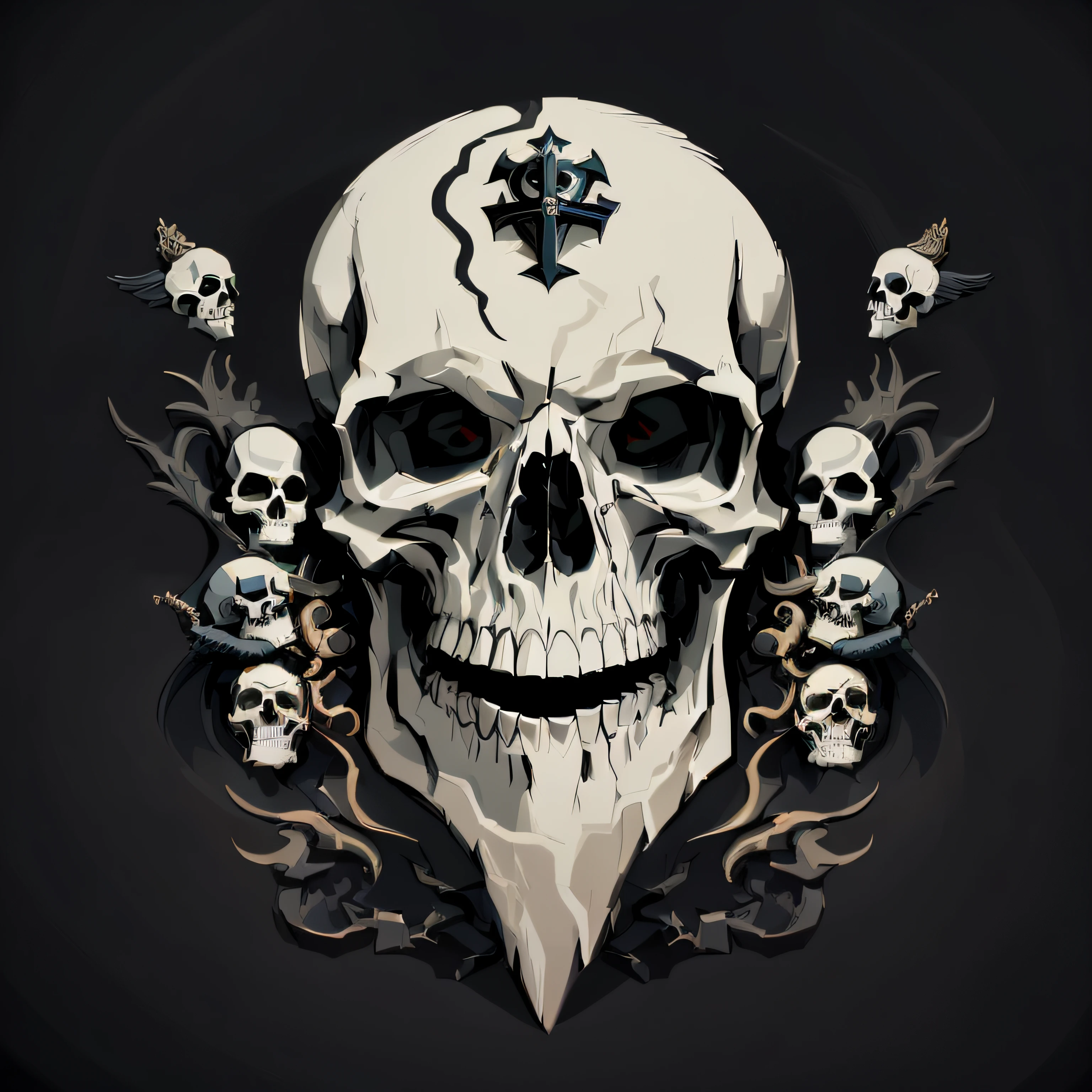 vectorized drawing of a skull with ornate beard on a dark background, War skulls, with a crown of skulls, fantasy skull, sacred skull, adorned with skulls of angels and demons, Projeto de caveira para um escudo de moto clube, crown of skulls, death skull, skull and bones, morphing skulls, sacred skulls, skulls around, altamente detalhado, Preto e branco, bordado, cruz de cristo na testa