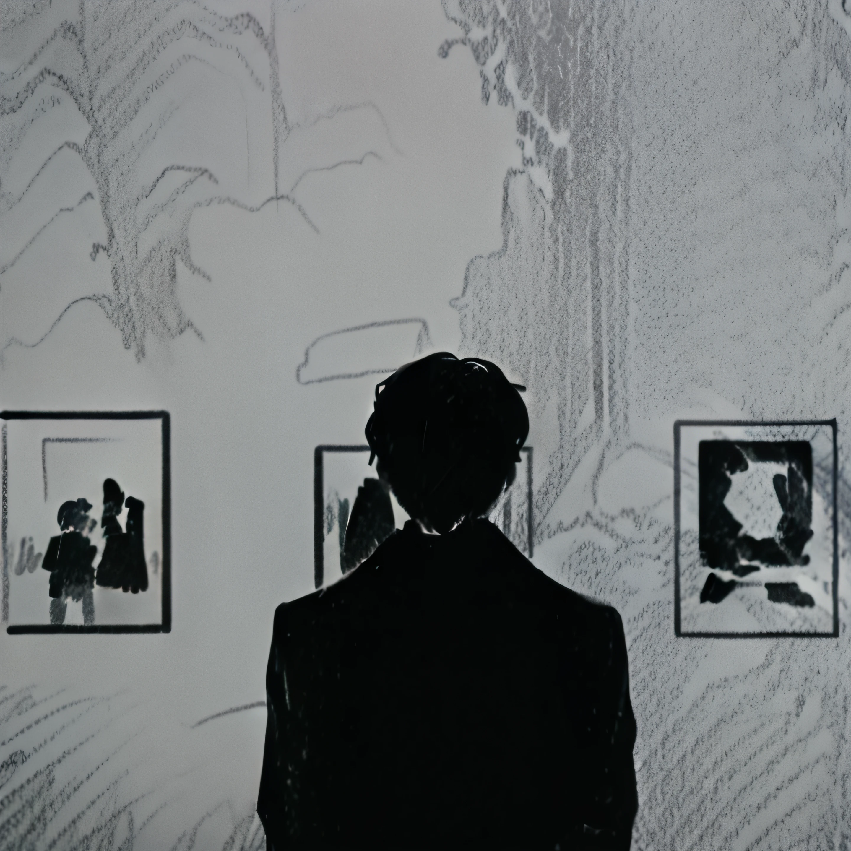 There was a man standing in front of the wall，Pictures on the walls, in an art gallery], contours, Black silhouette, museum background, Silhouette!!!, Silhouette, human silhouette, minimal art, Wallpaper phone, siluette, male art, silhoutte, minimalist art, korean artist, Unique silhouette, dark academia aesthetic, melancholic art