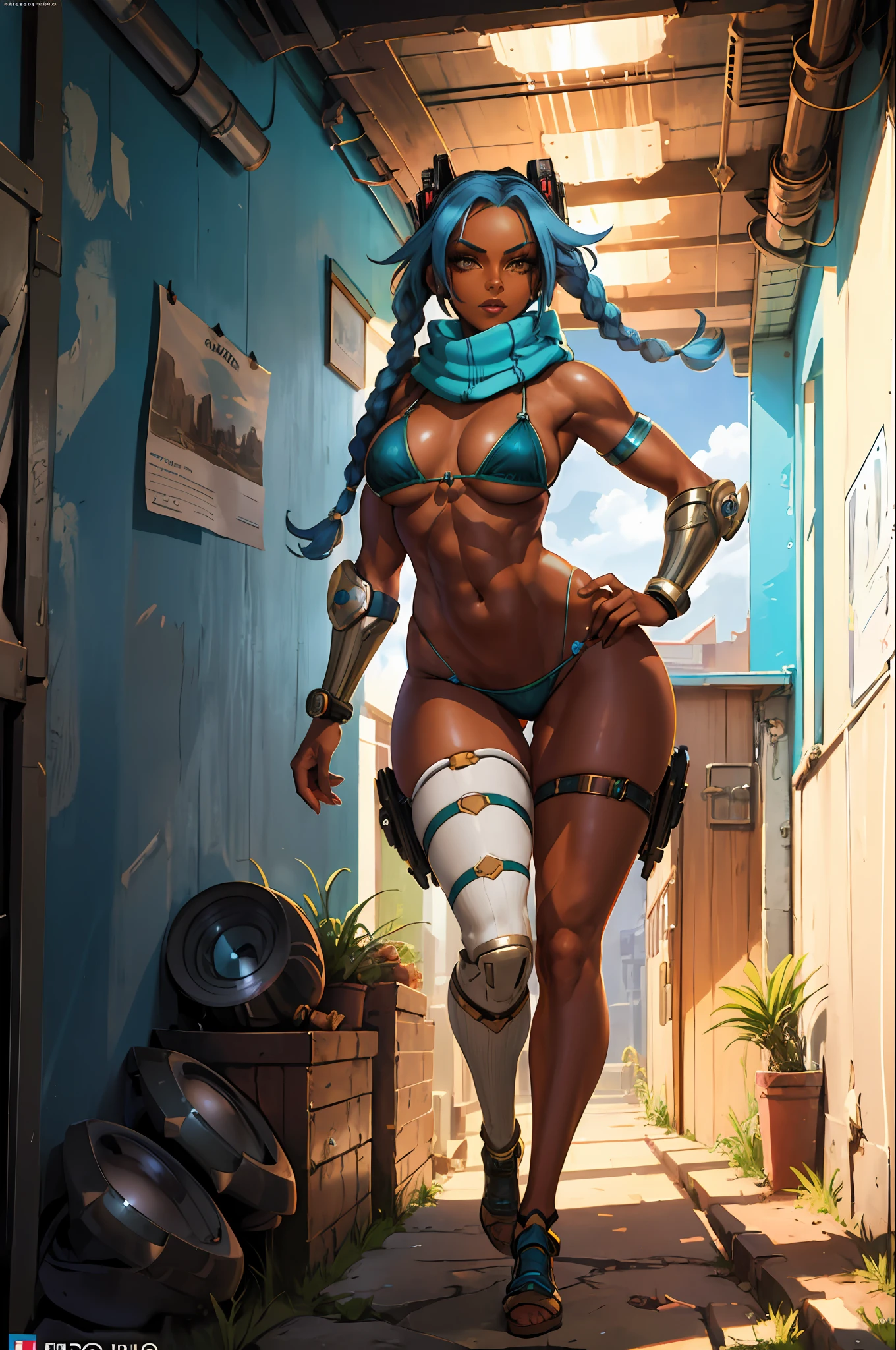 (masterpiece), (best_quality), (ultra-detailed), (illustration), (welcoming), 1girl, (atompunk sci-fi girl next door:1.3), (in a  hall:1.3), full body, thigh gap, blue hair, twin braids, lipstick, , [:wild, wild costume design:0.2], scarf,dancing,muscular, narrow waist, thicc toned hourglass figure,(muscular legs:0.25), skindentation, (bikini armor:1.2), (dark skin:1.3), official art, vivid color, finely detailed, hyper detailed, 8k, high resolution illustration, absurdres, intricate detail