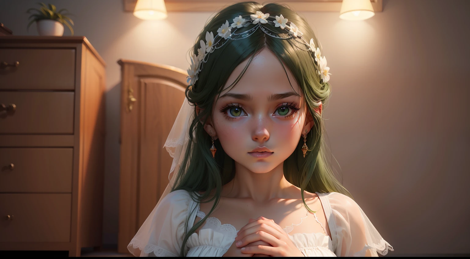 (obra-prima), (melhor qualidade), (ultra detalhado),(cabelo desgrenhado),(illustration),((Arte Infantil)), Menina de 5 anos de olhos verde esmeralda,((praying)),((Pose de frente)), dressed in her child bridal attire with a lighted lamp by her side in waiting, Motor Unreal 5, 8k portrait render, painting digital adorable,photorealistic anime girl rendering, Artgerm ; motor 3d unreal,