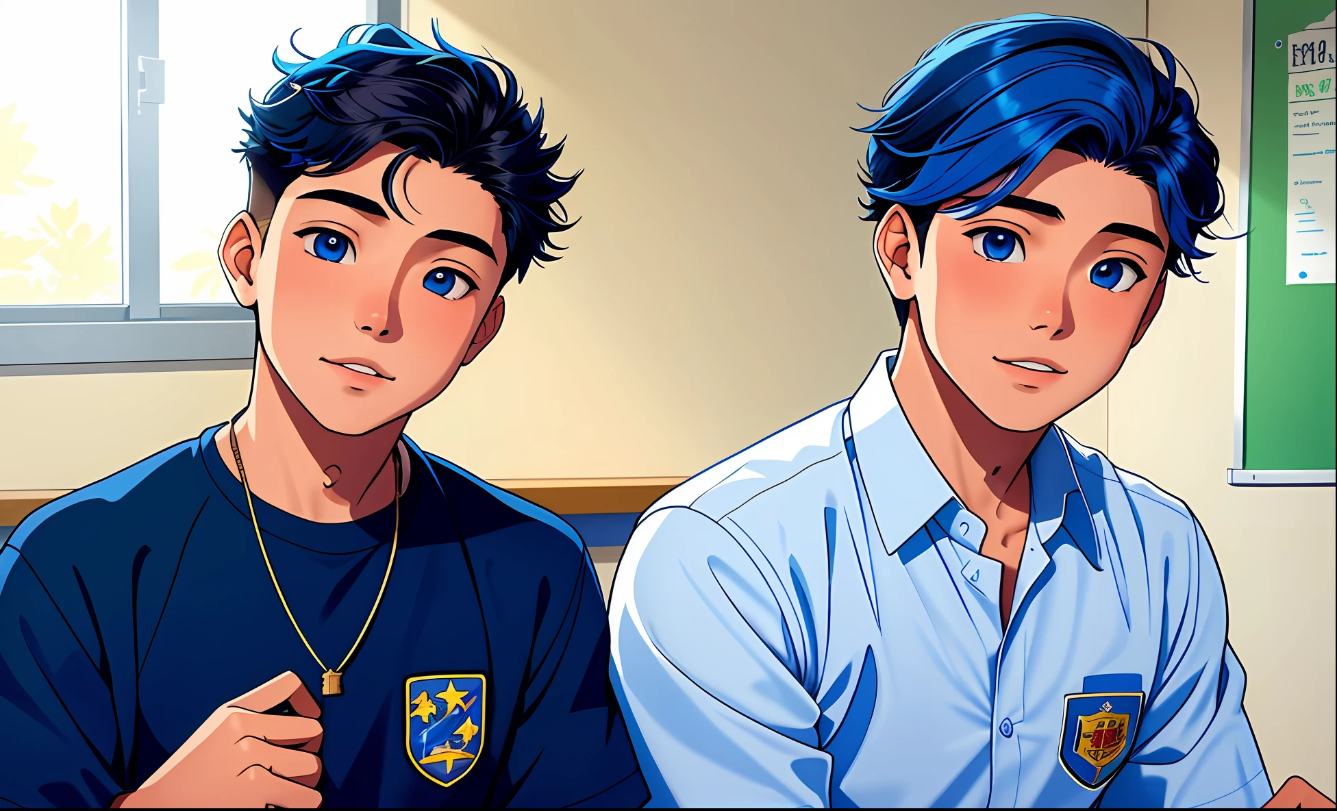 dos jovenes ho,Bre boys boys 14 years old boys are in the classroom of the school is the secondary, A child tells a story to the other . mientras le brillan los ojos de color azul su cabello tambien es de color azul