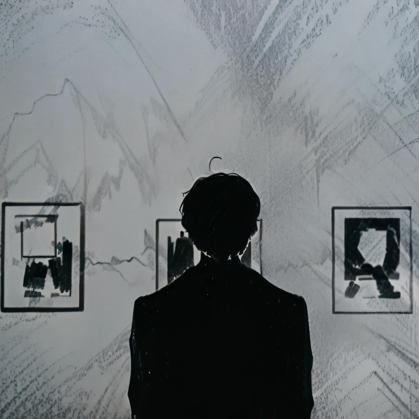 There was a man standing in front of the wall，Pictures on the walls, in an art gallery], contours, Black silhouette, museum background, Silhouette!!!, Silhouette, human silhouette, minimal art, Wallpaper phone, siluette, male art, silhoutte, minimalist art, korean artist, Unique silhouette, dark academia aesthetic, melancholic art